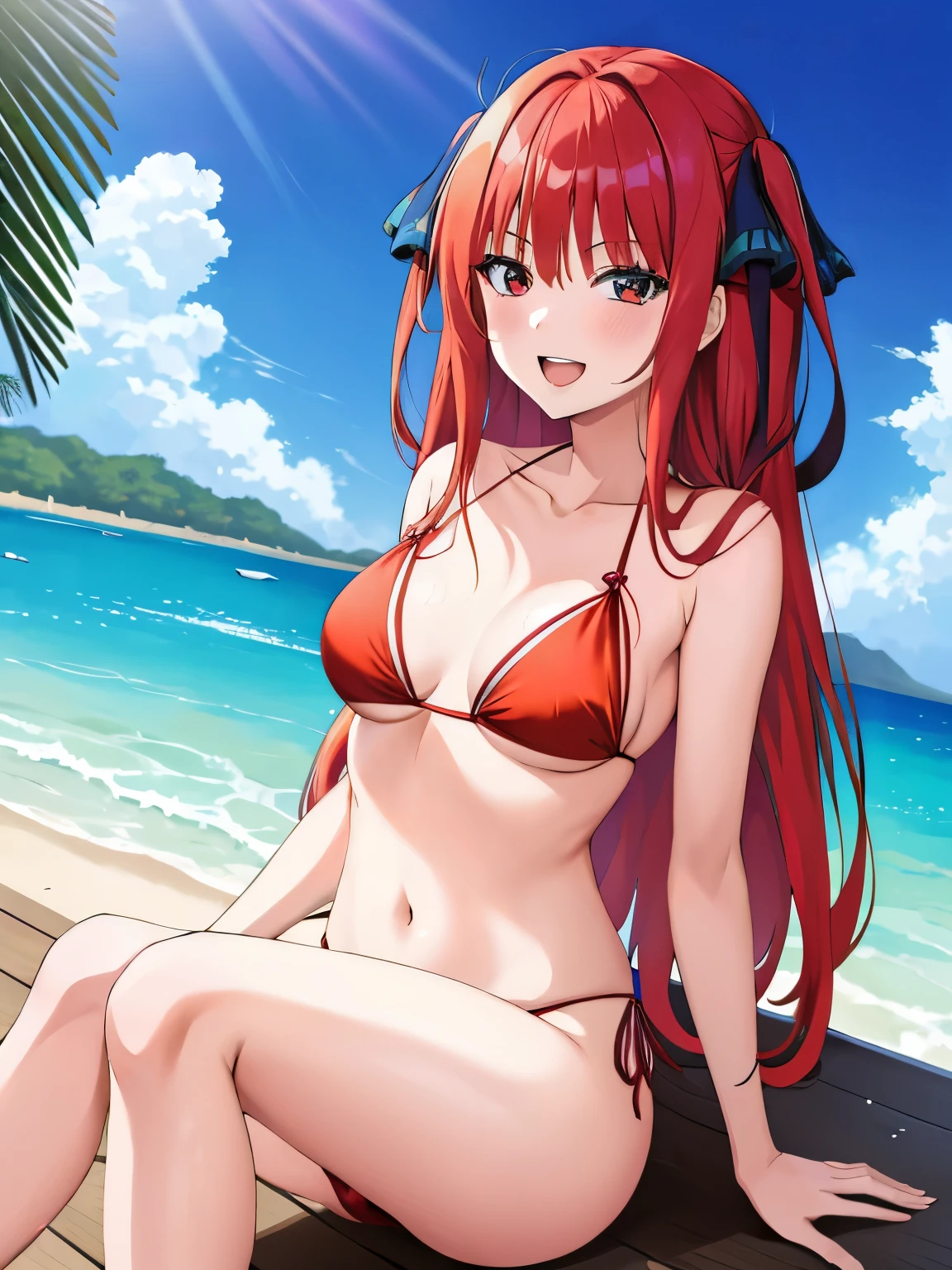 anime girl with red hair and blue eyes sitting on a window sill, seductive anime girl, anime best girl, (anime girl), attractive anime girl, anime visual of a cute girl, rias gremory, beautiful anime girl, anime goddess, beautiful alluring anime teen, beautiful anime woman, | fine detail anime, beautiful alluring anime woman, rin, an anime girl, best quality, ((masterpiece)), highly detailed, blurry background, beach, water, splash,
1girl, Houjou Kaori,
looking at the viewer, smile, open mouth, from angle, small breasts,nakano nino, smiling at you
red eyes, black hair, long hair, straight hair, stripped bikini, (red bikini:1.4),nakano nino,smiling at you