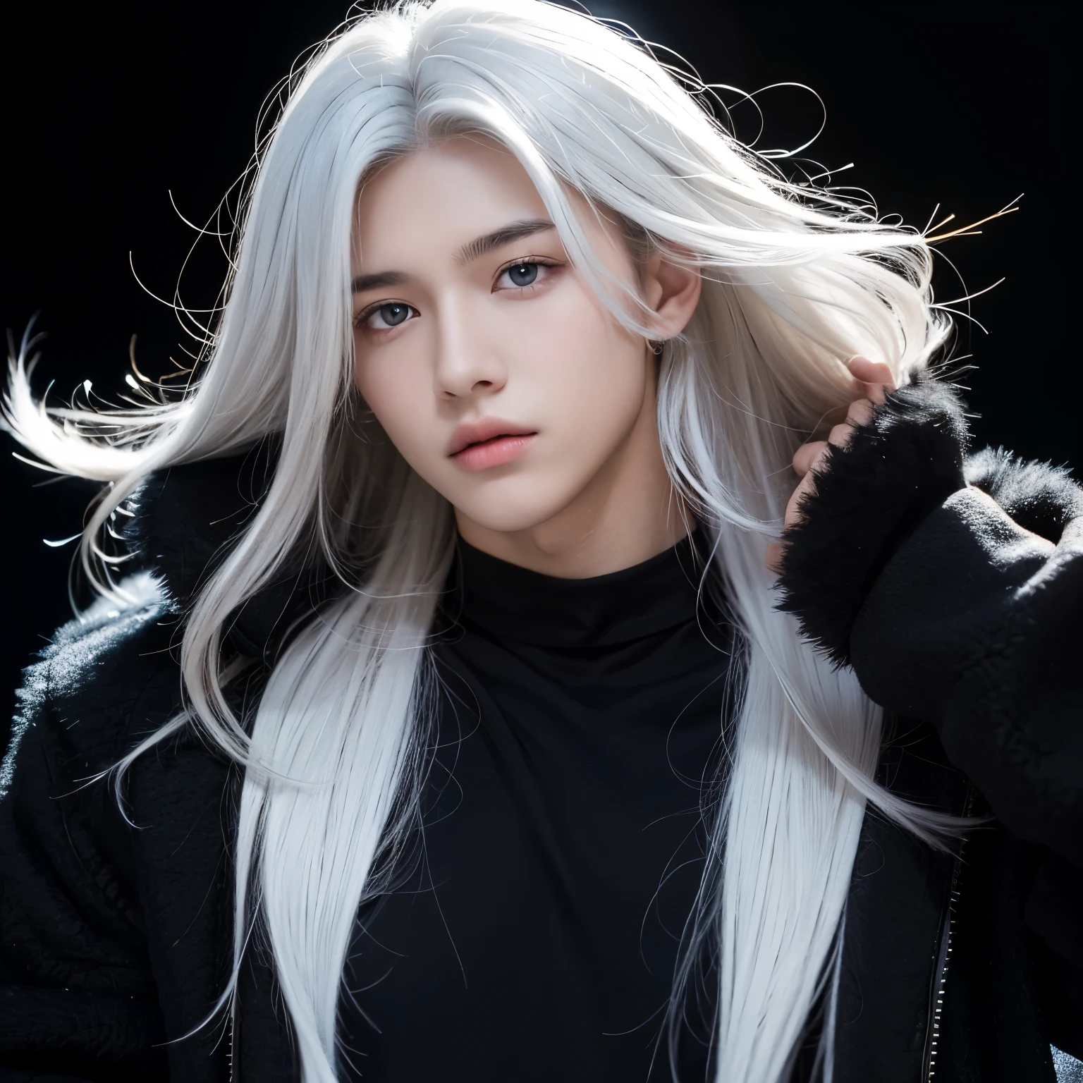 A teenage boy with a beautiful, handsome face, sharp gold eyes and fluffy white hair on a plain black background.