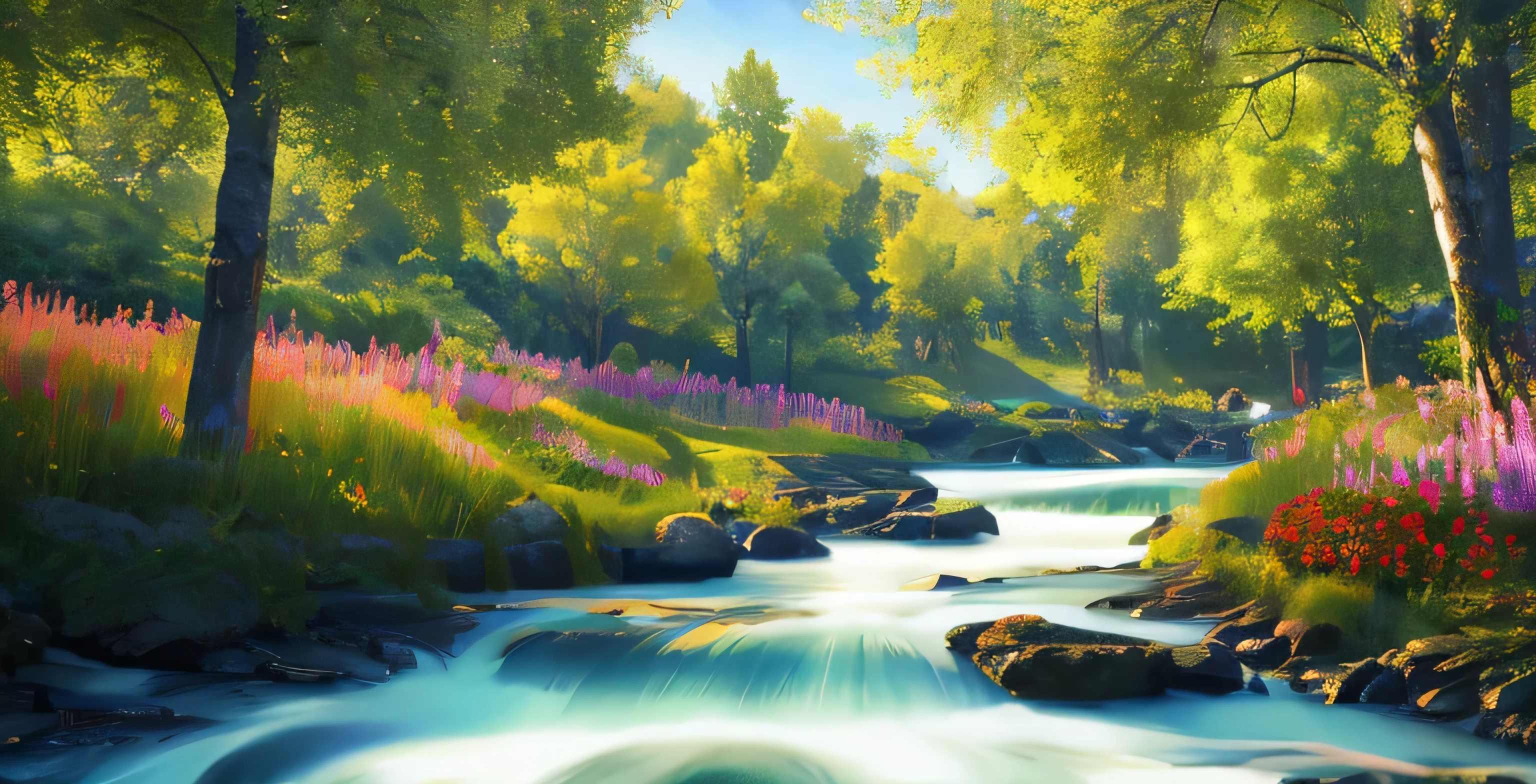 beautiful scenery,Sunlit river flowing through green fields,refreshing breeze,gently swaying tree々,Bright colorsで咲く花,reflected in the clear water,green grass on the riverbank,Shining sunlight shining through the leaves,Clear blue sky and fluffy white clouds,(highest quality,4k,8k,High resolution,masterpiece:1.2),super detailed,realistic:1.37,HDR,Hmm,studio lighting,Physically based rendering,Bright colors,warm and vibrant palette,soft and gentle lighting