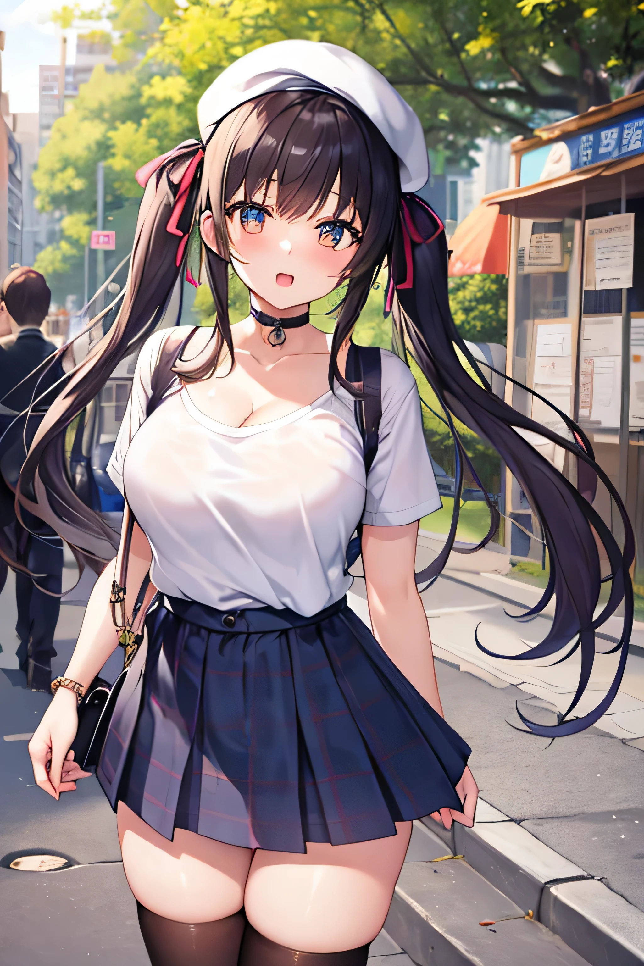 masterpiece、Highest image quality、ultra high resolution、girl with big tits、twin tail hairstyle、black hair、red face、mock、Open your mouth just a little、White T-shirt that shows cleavage、casual miniskirt 、knee high socks、white beret for teenage 、city park、outdoors