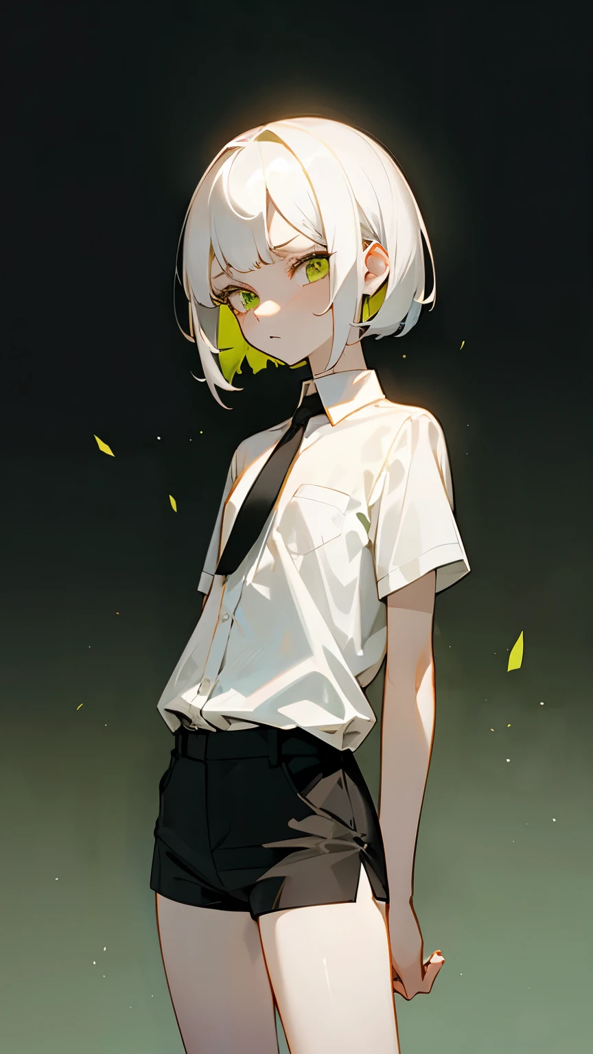 10 year old girl with short white hair, yellow-green eyes, white skin, flat chest, white shirt and black tie, black shorts, troubled face,
