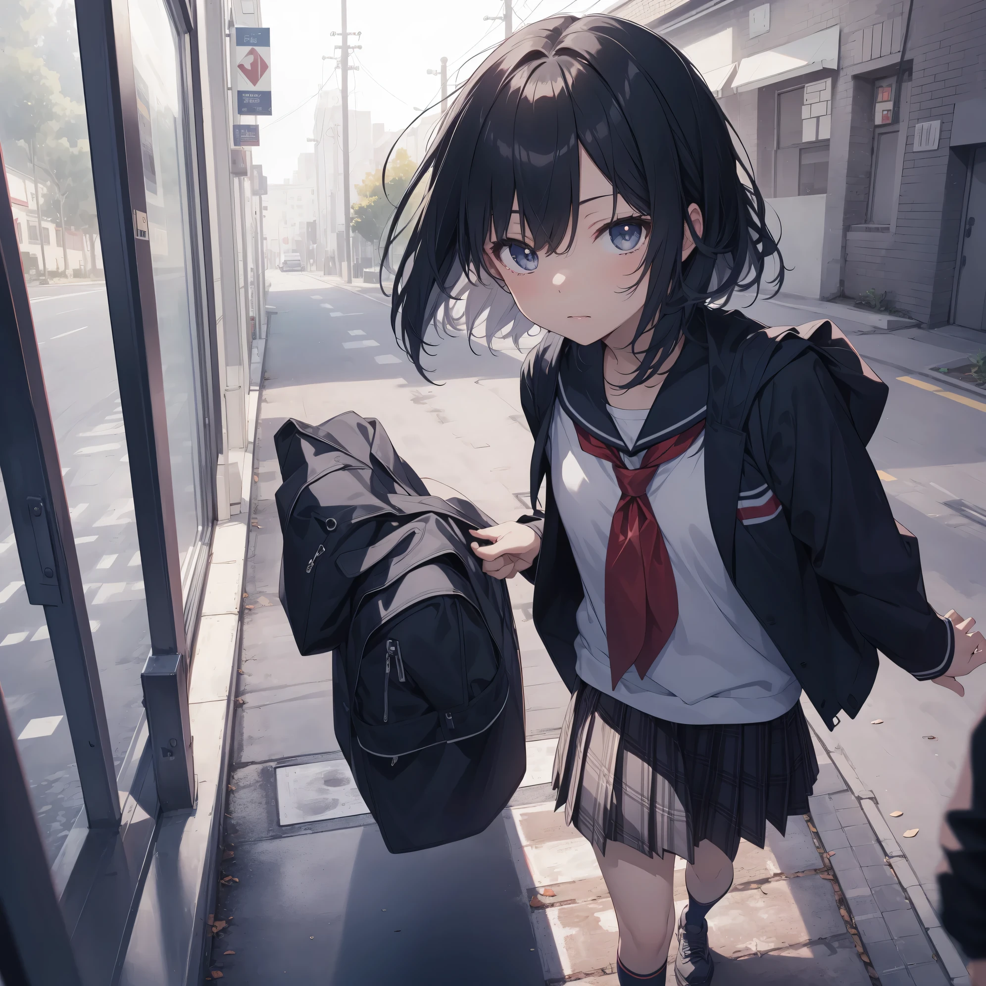 Ultra-highest quality by the art god, super detailed, High resolution, anime moe art style, Best Anime 8K Kona-chan Wallpaper, pixiv contest winner, perfect anatomy, break,(眠そうにalone学校へ行く女の子を描いてください. )break,1 girl, (alone,little woman, , 13 years old:1.3),All limbs, full finger,, The charm of an immature body, (very short hair), bangs, bow,  flat chest, Because I&#39;m slender, thin body, small ass, between legs, small black eyes, detailed and beautiful eyes, Well-proportioned iris and pupils, expressive eyes, High resolutionの詳細な髪, ribbon, skirt, collared shirt, neckerchief, pleated skirt, school uniform, shirt, white shirt, school bag,(detailed lighting), (detailed background), On the way to school. break,super dense skin, Best lighting by famous artists, 8k, cute illustration,Hmm, rough skin