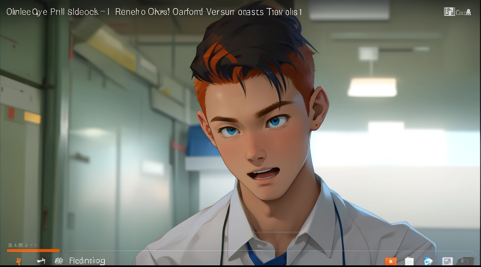 young student man 18 years old standing mocking gestures of disbelief orange hair blue clothes