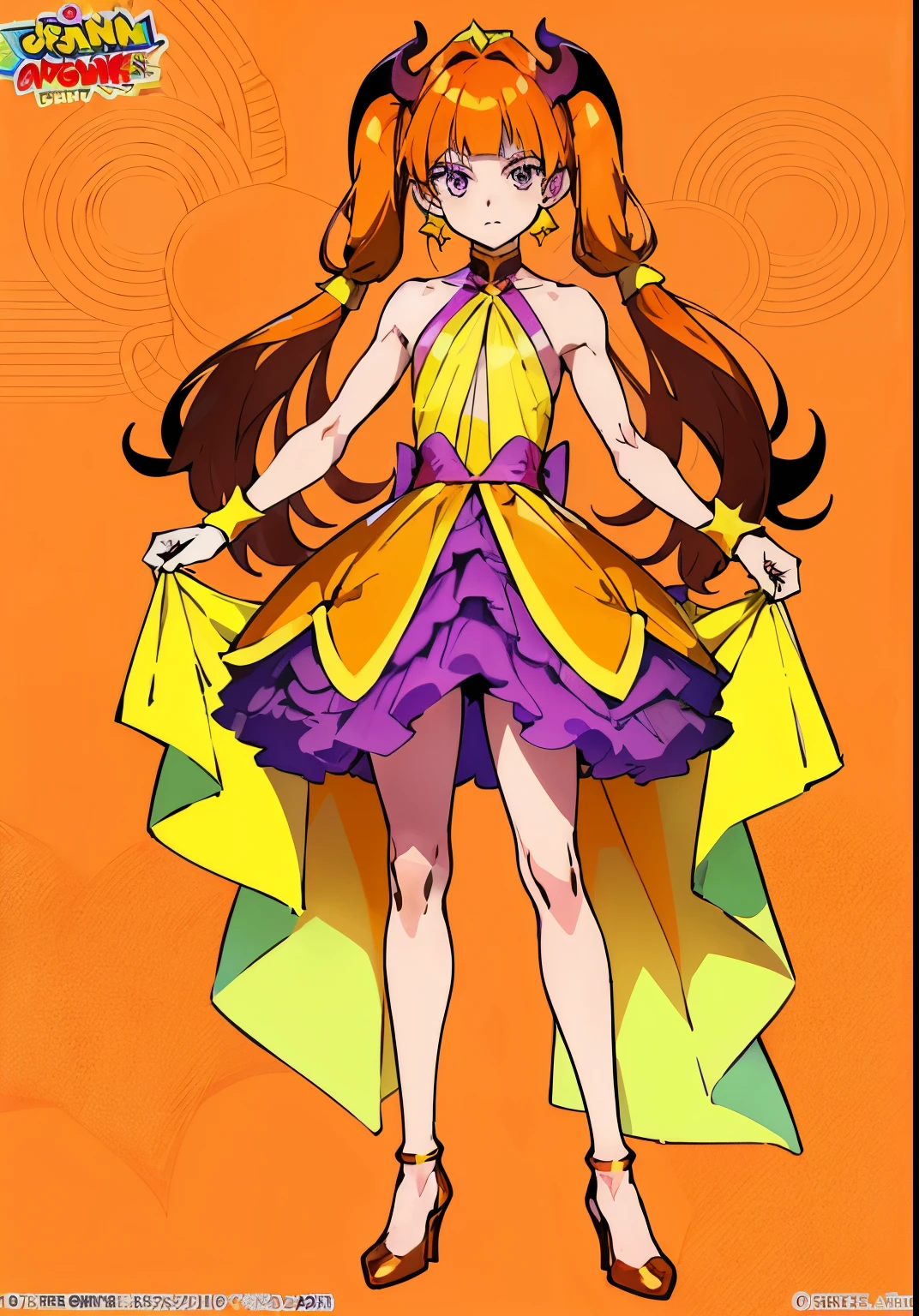 Cartoon image of a man in a dress, Boy with long twin-tailed hair in orange-brown color, official art, Boy with orange-brown long two-sided up hair, solo, Sparkling Magical Boy, official artwork, anime prince, boy with purple eyes, Head office artwork, muscular man, Bright Demon, fan art, Beautiful, bare shoulders, bare thighs, bare arms, beautiful boy, cool anime boy, Orange and yellow and purple costumes, dress up darling anime, official anime artwork, 