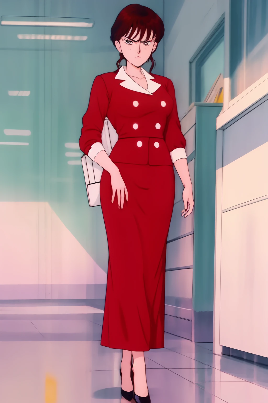 Office Lady、tough face、full body portrait、mature woman、beautiful face、slender