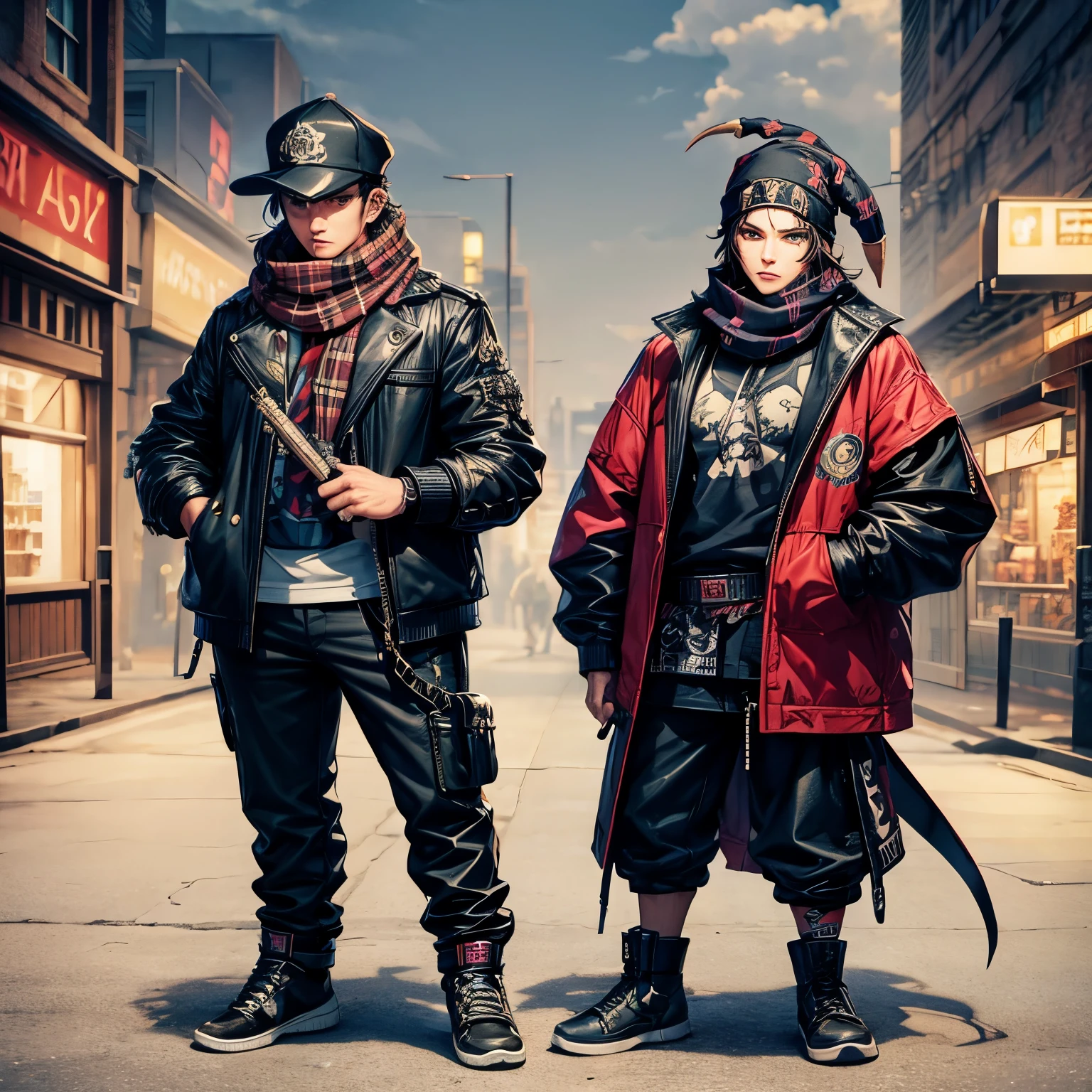 image of hedgehog and scorpion in hat and scarf, art station trend, wearing punk clothes, highly realistic detailed rendering, British gang members, urban style, intimidating pose, fashion clothing, urban samurai