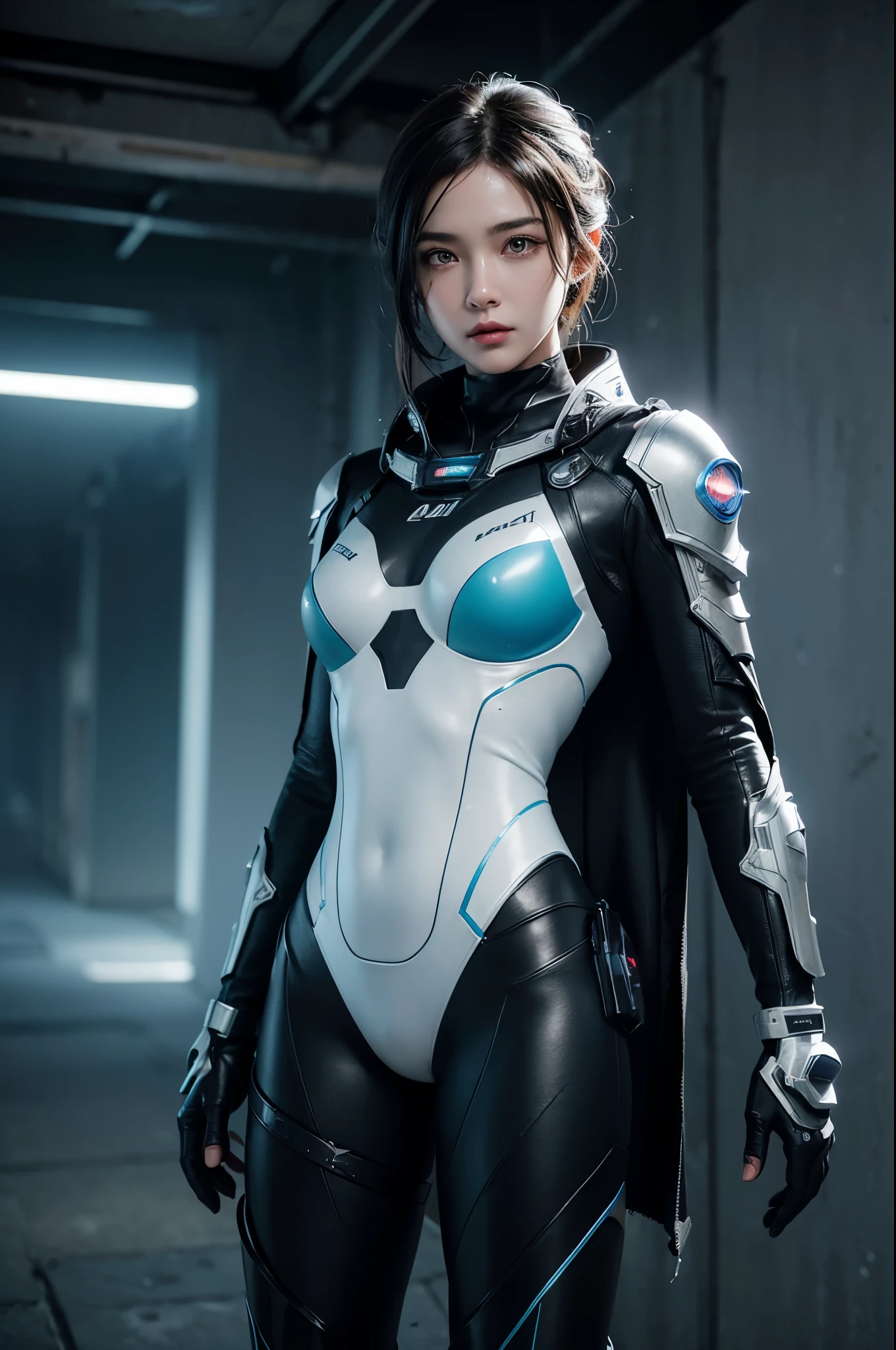 ((Best quality)), ((masterpiece)), (detailed:1.4), 3D, an image of a beautiful cyberpunk female with a cape, HDR (High Dynamic Range),Ray Tracing,NVIDIA RTX,Super-Resolution,Unreal 5,Subsurface scattering,PBR Texturing,Post-processing,Anisotropic Filtering,Depth-of-field,Maximum clarity and sharpness,Multi-layered textures,Albedo and Specular maps,Surface shading,Accurate simulation of light-material interaction, Blue Neon suit, Perfect proportions,Octane Render,Two-tone lighting,Wide aperture,Low ISO,White balance,Rule of thirds,8K RAW,