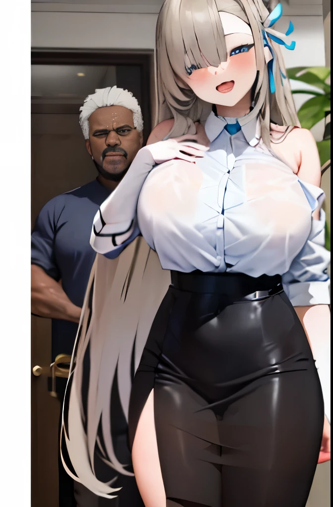 perfect human body、1 boy,1 girl、couple、hetero、 software, ((realistic)), (highly detailed background、In front of the door of the apartment), ((short girl、ripped oversized shirt dress、My shoulders stuck out from my shirt)), (((Stand next to the girl、Black-skinned macho man putting his hand on girl's shoulder))), ((woman waving)), ((Sweat,vapor,))), big breasts、((expression of fear)), (blushing face), Big muscular black man standing next to a girl、faceless man、vulgar laughing man、(character:ichinose asuna, Blue archive),
