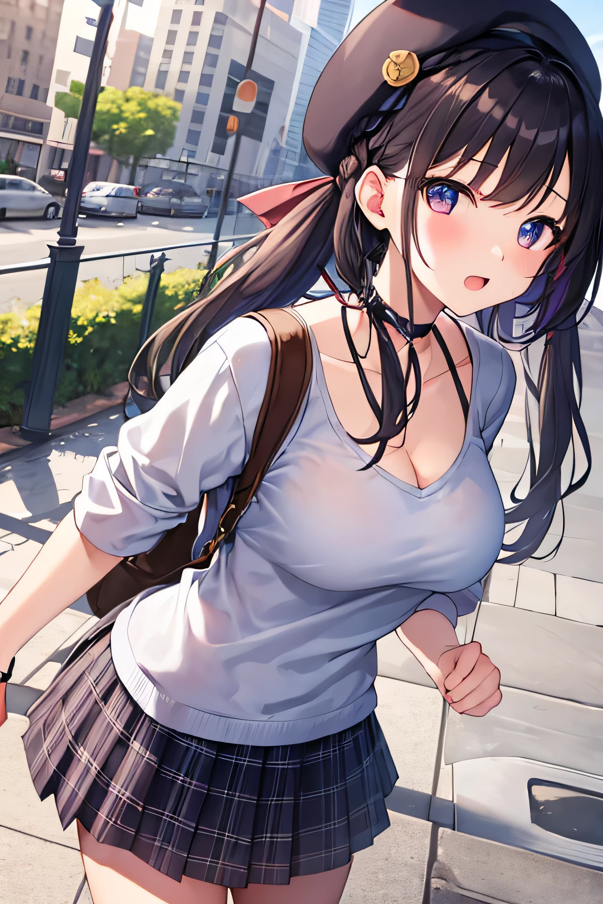 masterpiece、Highest image quality、ultra high resolution、girl with big tits、twin tail hairstyle、black hair、red face、mock、Open your mouth just a little、A white T-shirt that shows the cleavage of a teenage high school girl、casual for teenage high school girls、Knee high socks for teenage schoolgirls、white beret for teenage 、city park、outdoors