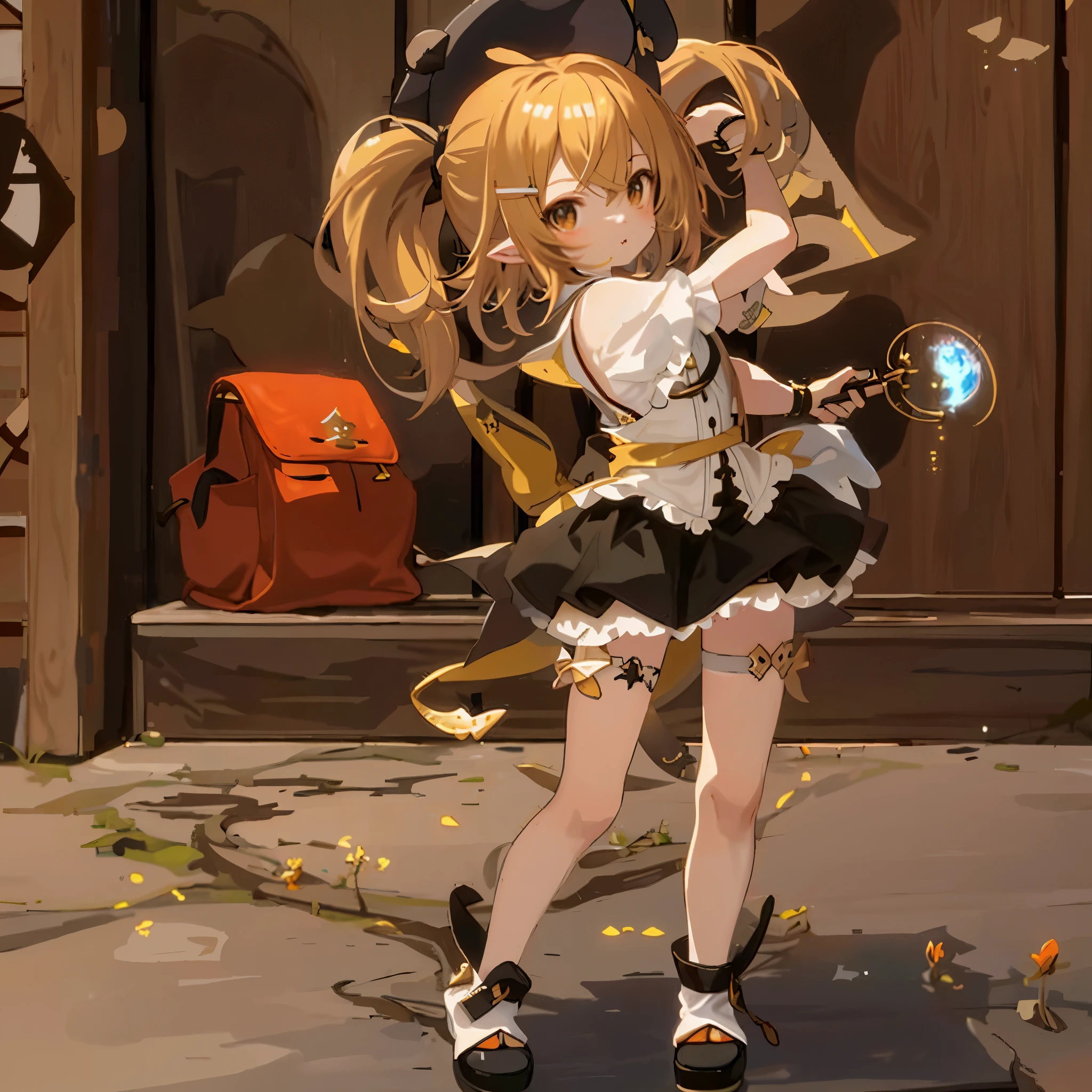 masterpiece:1.2, best quality, holding a modest pose, Trading on Pixiv, Lalafell, small curve , maplestory gang girl, To imitate. Contents at random positions, have a magic wand, maplestory mouse, Kagamine rin, It&#39;s trending on pixiv, kirisame marisa, modest pose