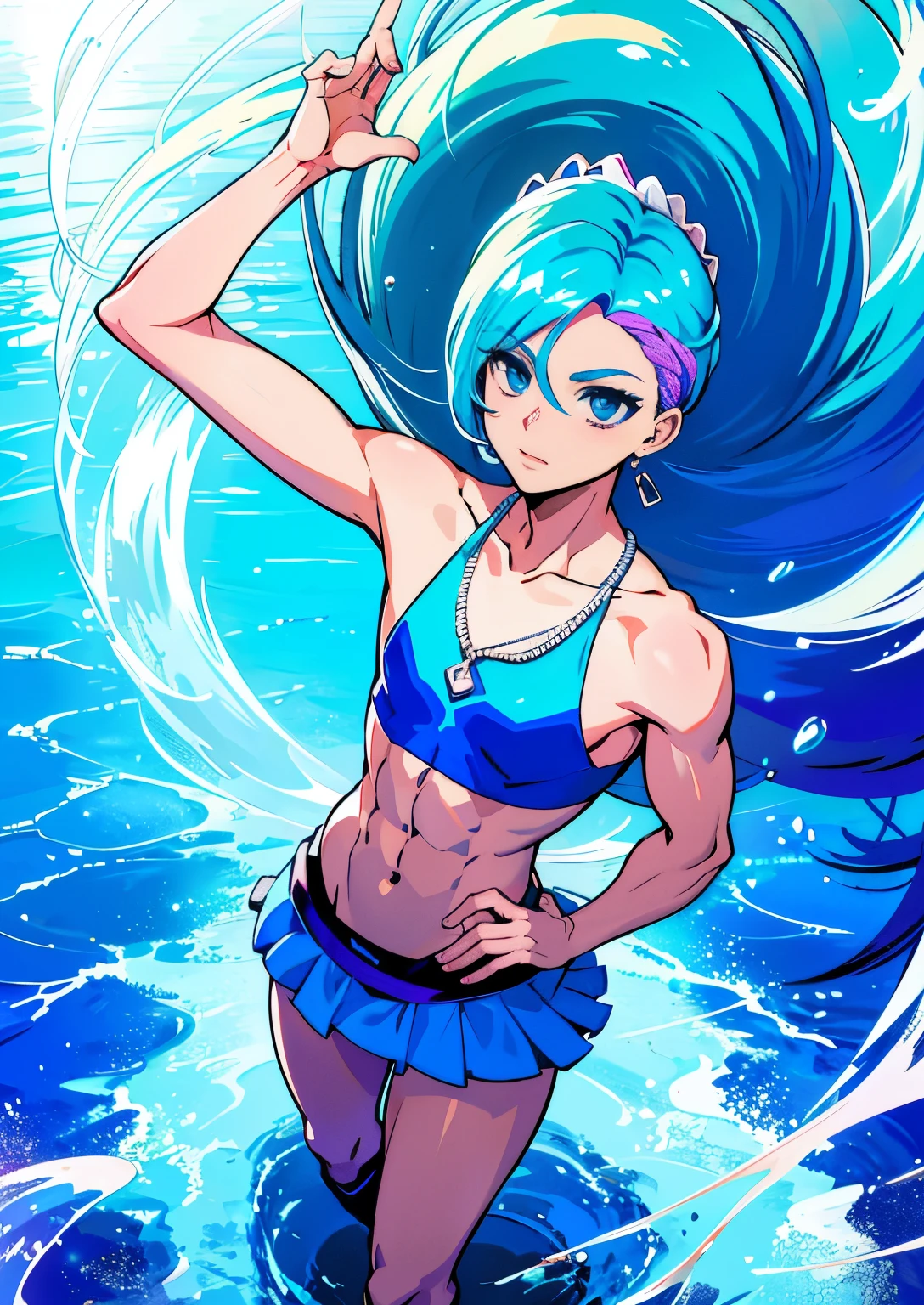 Cartoon image of a man wearing a blue crop top and necklace, official artwork, Aquamarine, sapphire, blue bikini, official art, wallpaper anime blue water, He has pale blue hair!!!, long hair, Water Fairy, A man with two-tone light blue and purple hair, blue aura, fan art, anime prince, blue flared skirt, solo, blue mini skirt, muscular abs, beautiful boy, beautiful boy, 公式fan art, muscular man, Head office artwork, Cure, Shiny!!, splash art anime boy, male focus,