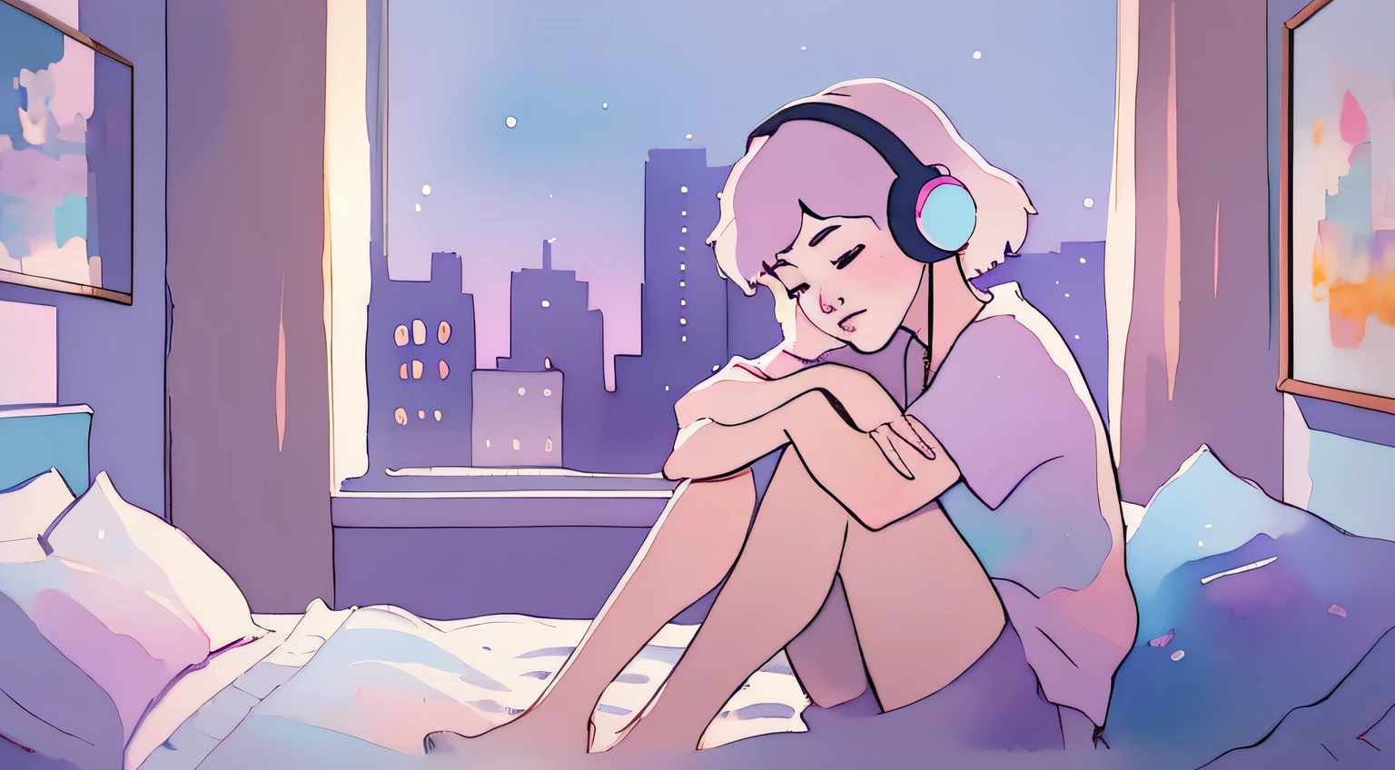 Portrait 512 LoFi Images, Girl in headphones sitting on bed, Put your hands around your knees, Eyes closed, feeling the music, Apartment window with city skyline at night, Pastel colors, watercolor paiting