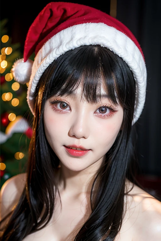 （best qualtiy，8K，tmasterpiece：1.3）A cute and adorable Korean girl，Wearing red christmas hat，Her eyes sparkled，Delicate double eyelids，Long eyelashes，Her face is full of shyness，her face is happy。