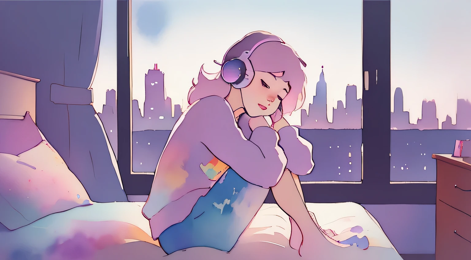 Portrait 512 LoFi Images, Girl in headphones sitting on bed, Put your hands around your knees, Eyes closed, feeling the music, Apartment window with city skyline at night, Pastel colors, watercolor paiting