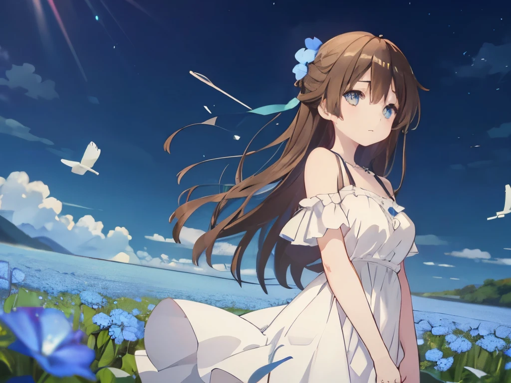 Beautiful cartoon-like CG illustration Beautiful girl Cute 17 year old girl Long straight black hair White dress Shoulders exposed Flower field Nemophila all over Soft smile