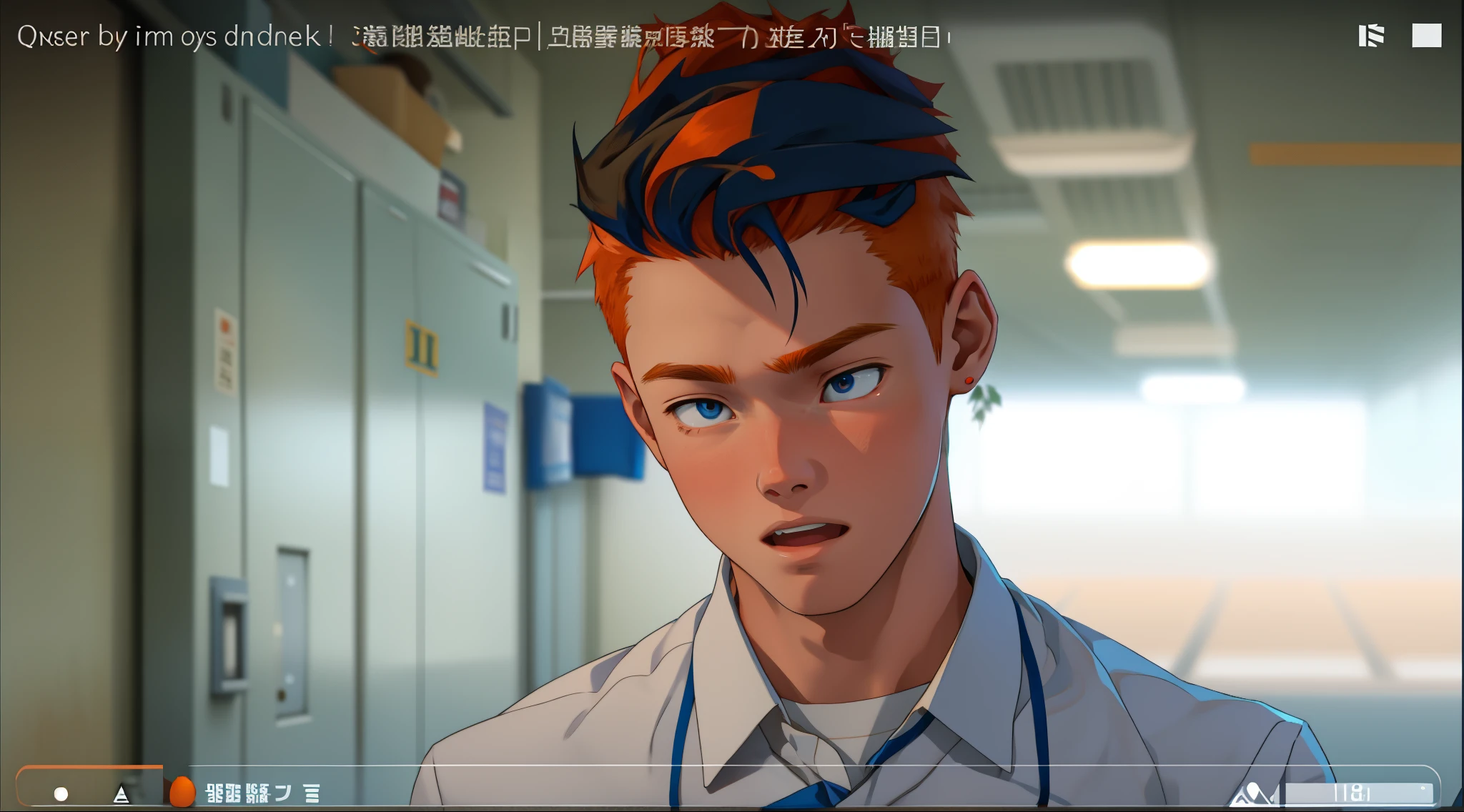 young student man 18 years old standing mocking gestures of disbelief orange hair blue clothes