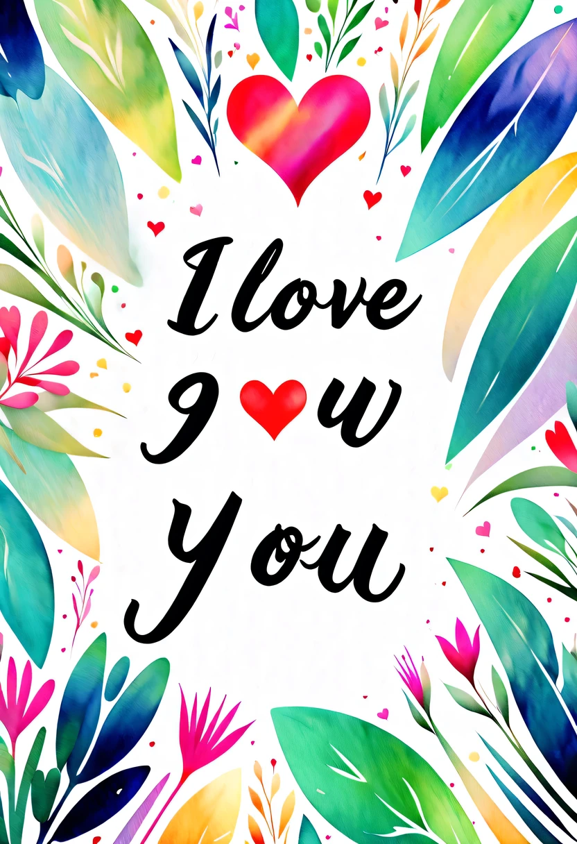 (brush stroke:1.8), (3D creative fonts:1.7), (text "I love you":1.6), (watercolor effect), (bright colors:1.2), (soft light), (subtle shading), (elegant composition), (romantic atmosphere), (Exquisite details), (dreamy atmosphere), (Captivating emotions), (artistic expression), (whimsical elements), (graceful curves), (harmonious balance), (tranquil background), (beautiful writing), (complex lines), (Dynamic movement), (subtle gradient), (unity and harmony), (expressive calligraphy), (beautiful composition), (Bold), (mobile layout), (booming curve), (overlay textures), (Bright and airy atmosphere), (lush and bright colors), (graceful brushstrokes), (elegant decoration), (Captivating visual impact), (emotional connection), (Romantic gestures), (Tender love), (Lovely emotions).