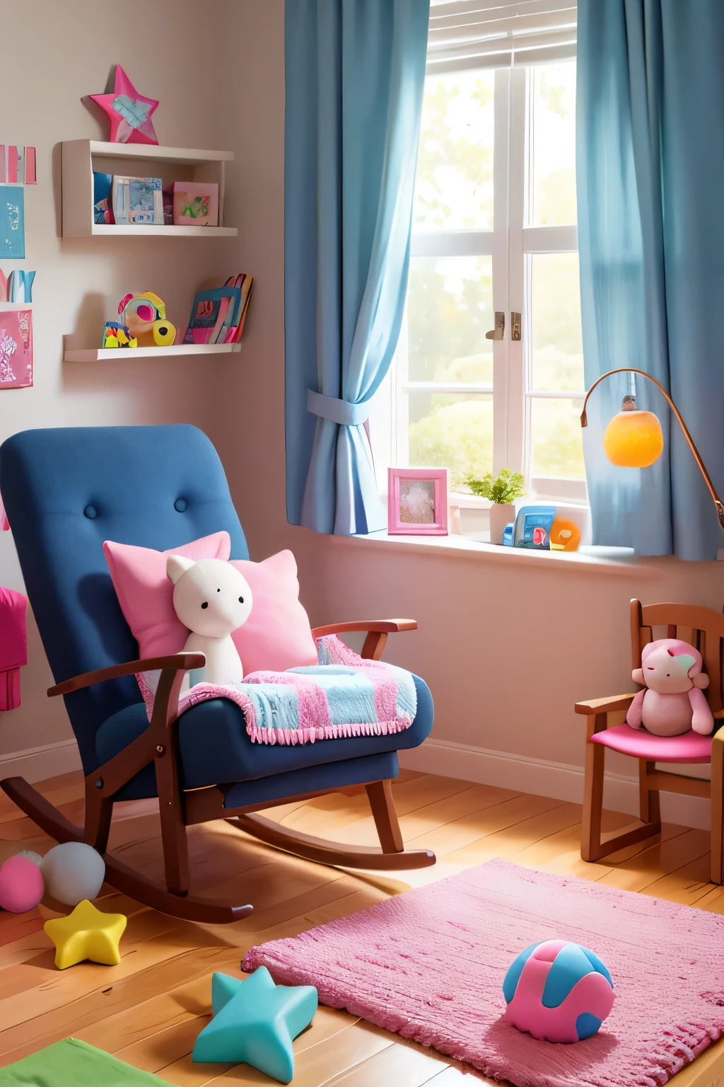 lazy chair with blanket, kids room, decorated with stars and light, toys on the floor