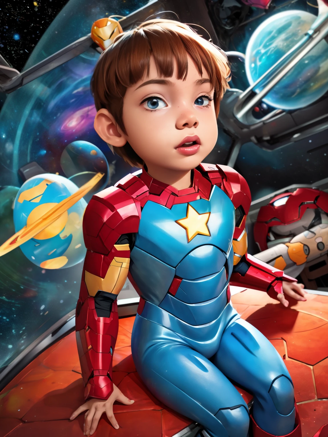 Cinematic Cartoon style. Comic art. TME0224 face, (((a , 4yo))) in funny night (((wearing a Iron-Man costume))). (((Comic cosmic space Witch stars background))). cinematic lighting, drop shadow, masterpiece, UHD, anatomically correct, textured skin, super detail, high details, high quality, best quality, 4K