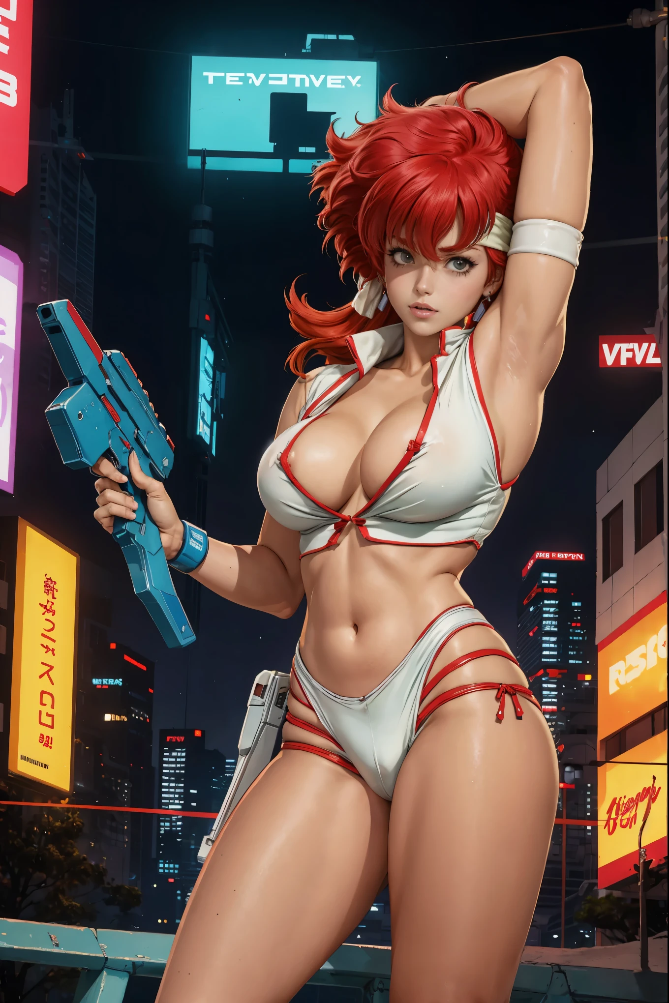 Kei from The Dirty Pair wearing a skimpy white outfit, cleavage, bushy red hair beauty, cyberpunk city background, holding retro space-gun, green headband