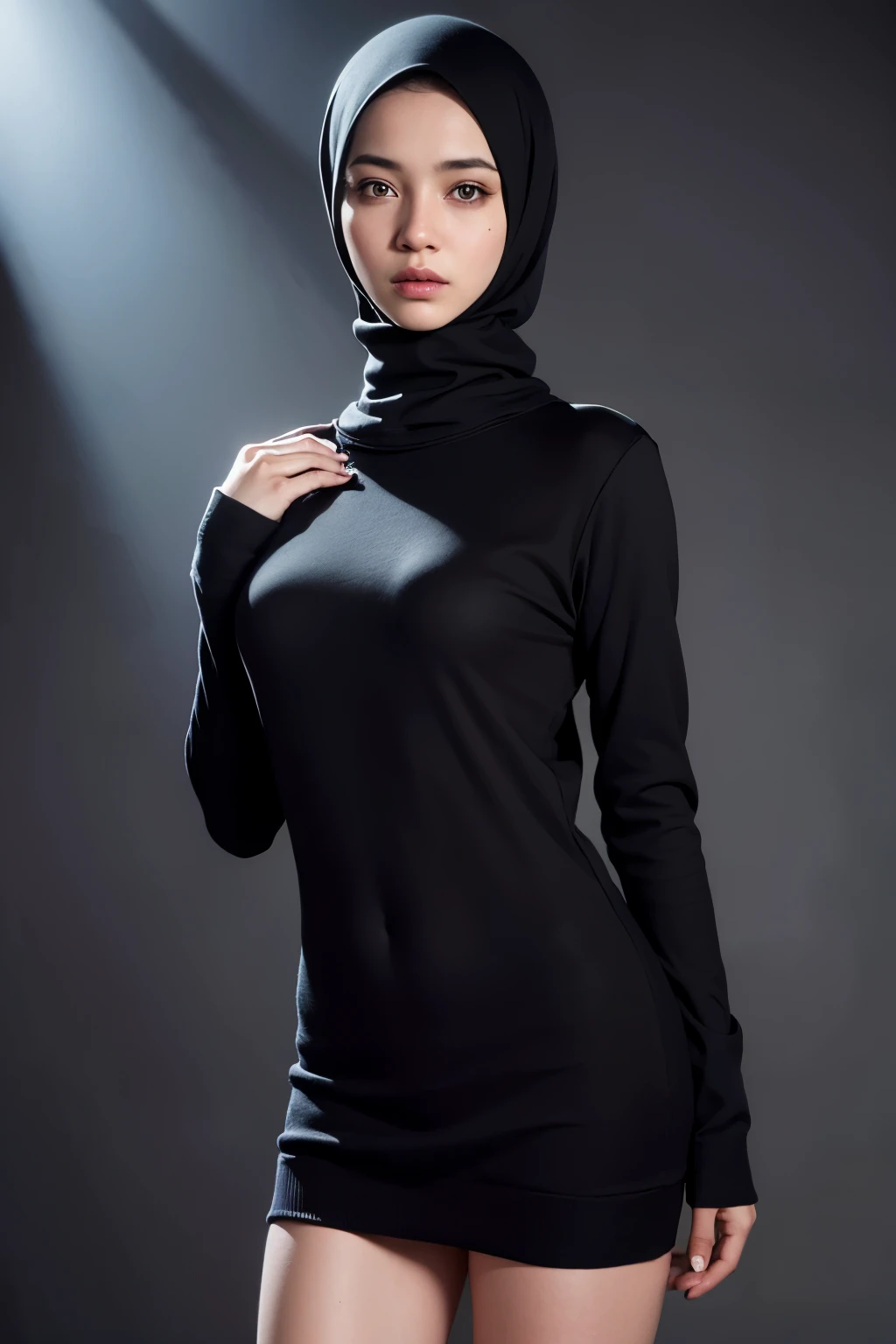 Best quality, masterpiece, ultra high res, (photorealistic:1.4), raw photo, 1girl, detailed hijab, detailed eyes and face, black sweater, dynamic lighting, in the dark, deep shadow, low key, cowboy shot