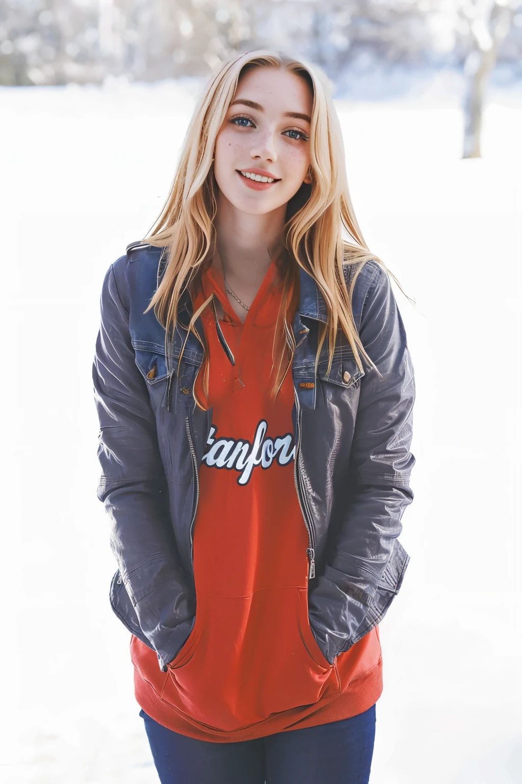 mulher, americana, 20 anos, pale skin and freckles, olhos cinzas, nariz delicado, soft and delicate lips, Cabelo blondie cinza longo e ondulados, sorriso meigo