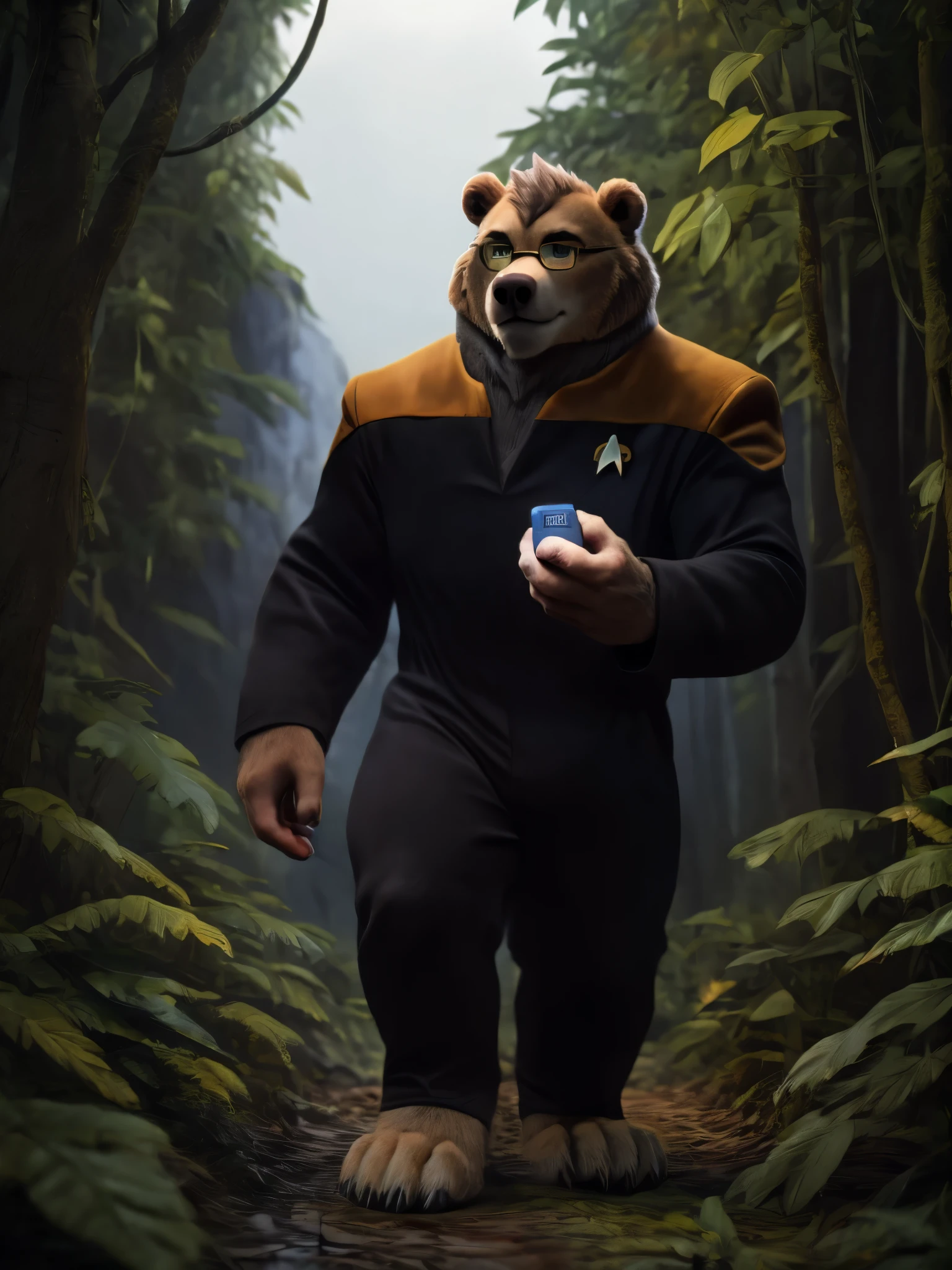 Barefoot furry character, full body, solo, furry male, vivid colors, cinematic. Barefoot nerdy and beefy bear cadet examining old mysterius and abandoned ruins overgrown with vegetation in jungle on another planet, holding tricorder (a fictional handheld sensor that exists in the Star Trek universe) in his hand. His Star Trek uniform with the Starfleet Delta badge of science department on his chest is a perfect match for his muscular figure. Long black pants and blue shirt. Dark jungle with exotic plants with red and purple leaves. Correct and detailed eyes with green iris behind glasses. Nice big feet paws. BREAK, detailed background, 8K, (masterpiece:1.5), intricate details, highly detailed, extreme detail, octane render, Professional Photography, fine art, best quality, highres, (perfect face:1.1), ((full_body)), UHD, (((perfect hands))), low ligth:1.2