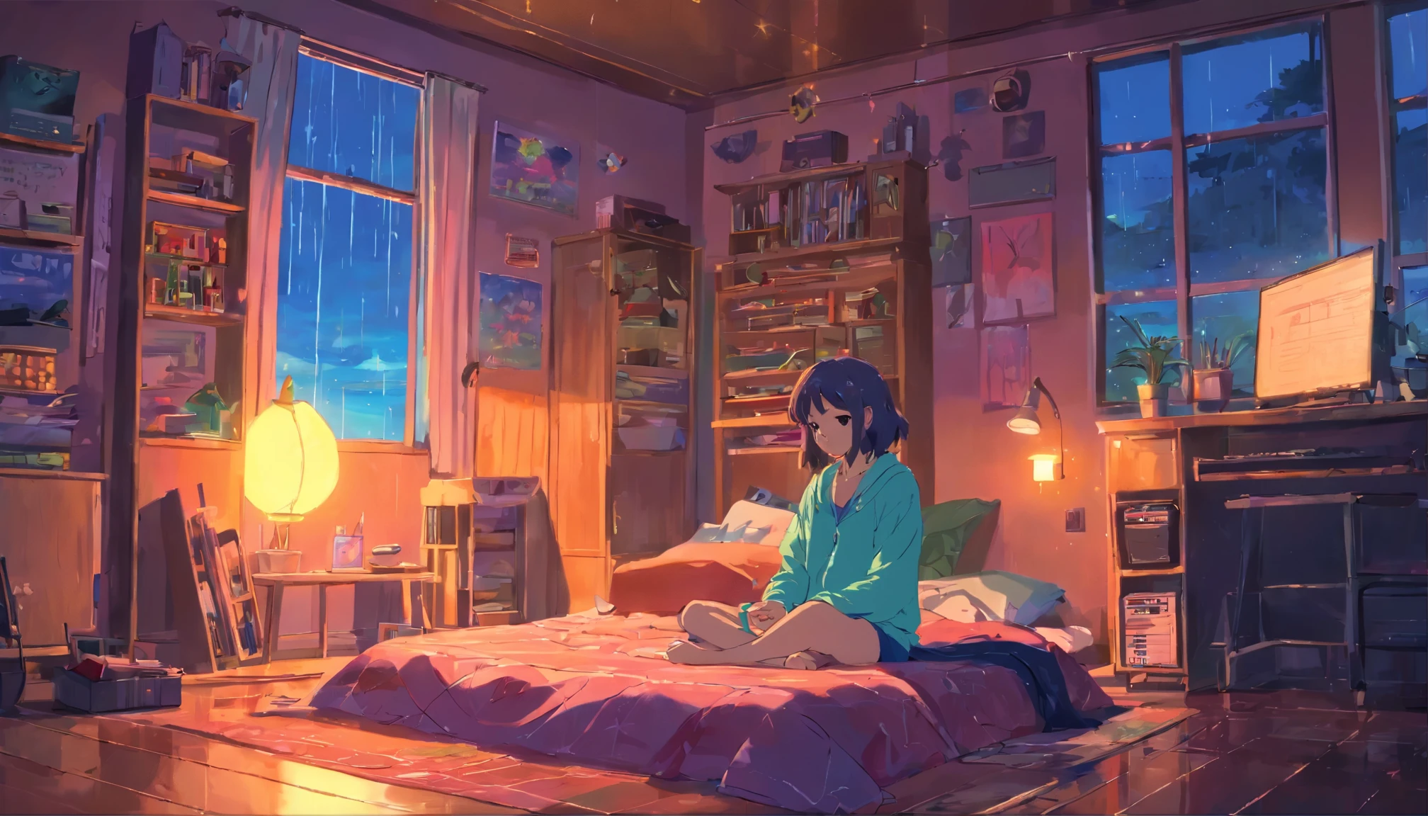 European hippie girl meditating in her room, dream, please wear headphones, night light, Neon landscape on a rainy day, analog color theme, lo-fi hip hop , retrospective exhibition, flat, 2.5D ,Draw a line, ink painting, Osaka road, watercolor painting, gouche color, studio ghibli style, So colorful, outerton, Krautlock, Lofiato, 70s style,old texture, amplitude,Psychedelic atmosphere, masterpiece, amazing technology,