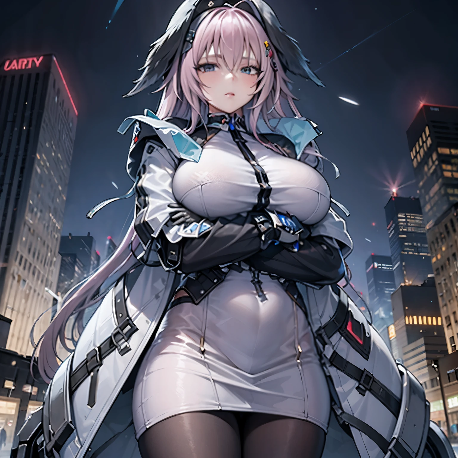 Chica anime con un vestido blanco con cabello rosa y una capa negra., mejor fondo de pantalla de anime 4k konachan, De Arknights, tendencia en artstation pixiv, biomechanical oppai, oppai ciberpunk, of frontline girls, chica anime cyberpunk mech, Kantai collection style, arte digital del anime cyberpunk, Guweiz en ArtStation Pixiv (PINK HAIR)