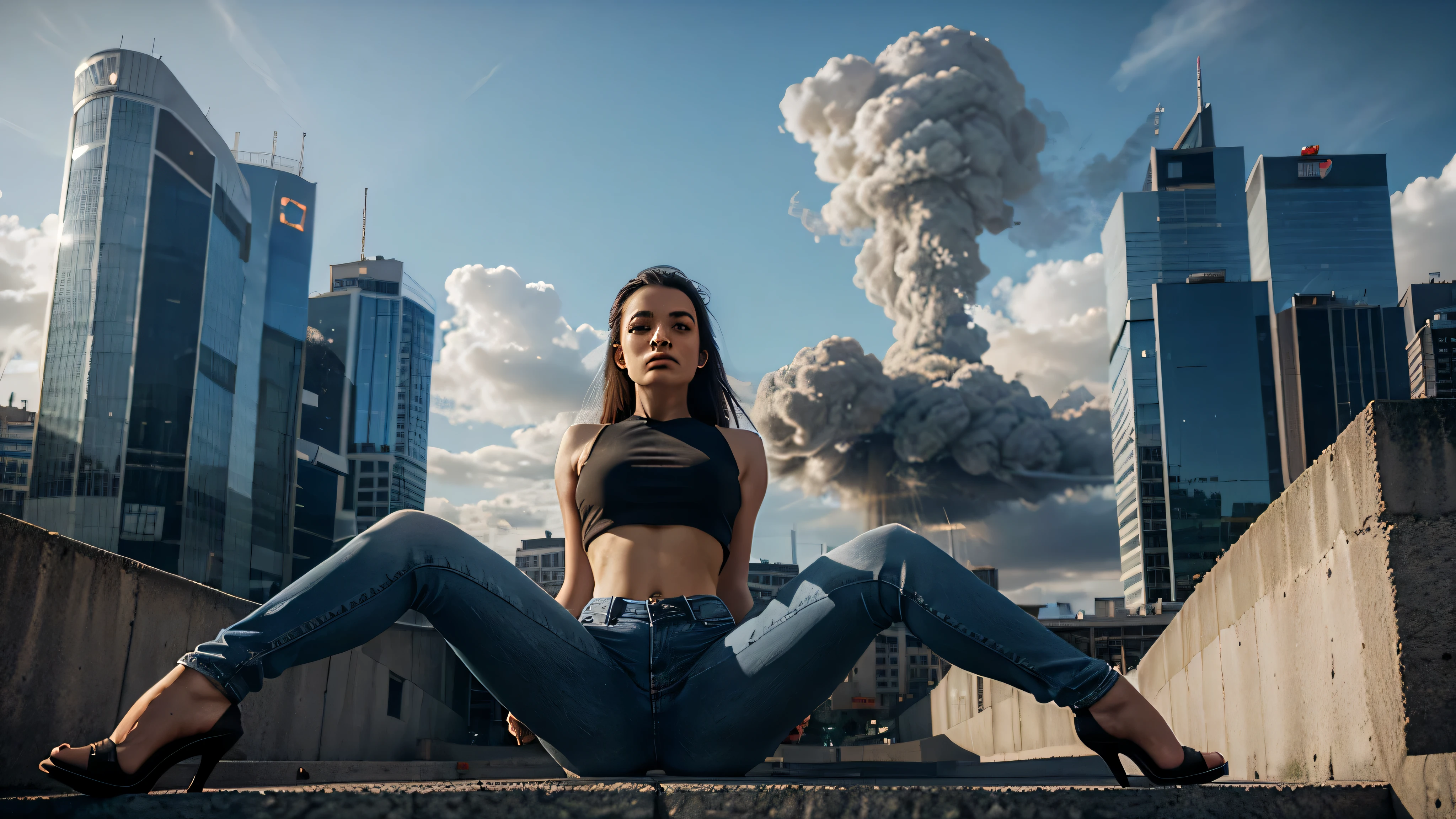 Giantess Rose Leslie wearing crop top and jeans, athletic body, gts city, city buildings, smoke, clouds, evil, realistic lighting, high heels, from below