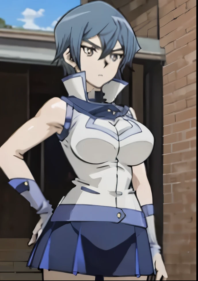 Close-up of a woman wearing a white dress shirt and blue skirt, anime girl, Blue-haired woman, brown eyed woman, female anime character, big breasts, had very large breasts, as an anime character, anime character, high school girl, a woman is standing, girl anime visual, sodiac girl knight, , in an animated movie, female focus, muscular woman, tall, in anime style, feminine and muscular,