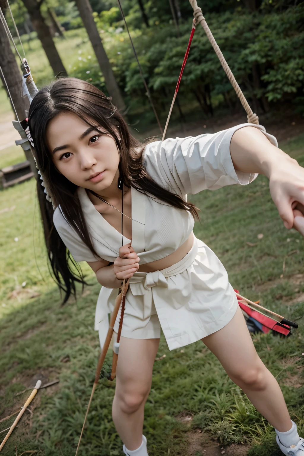 (photo Realistic:1.4), (hyper Realistic:1.4), (Realistic:1.3),whole body,zombie,girl,13 years old,No clothes,No sleeve, in the forest,metal shoes,sword,,(Legs without stockings),Under attack,