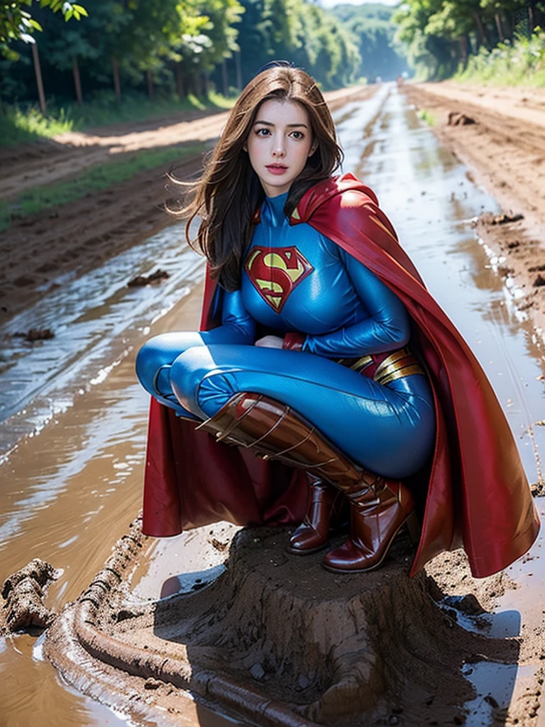 Anne Hathaway has long brown hair，White skin，Big breasts and ，long legs，slender legs，Wearing a blue shiny full-coverage tight-fitting Superman suit，Red over-the-knee boots，red cloak，，Squatting on a muddy dirt road，Body facing the camera，Clothes covered with mud stains，Realistic style，full body picture