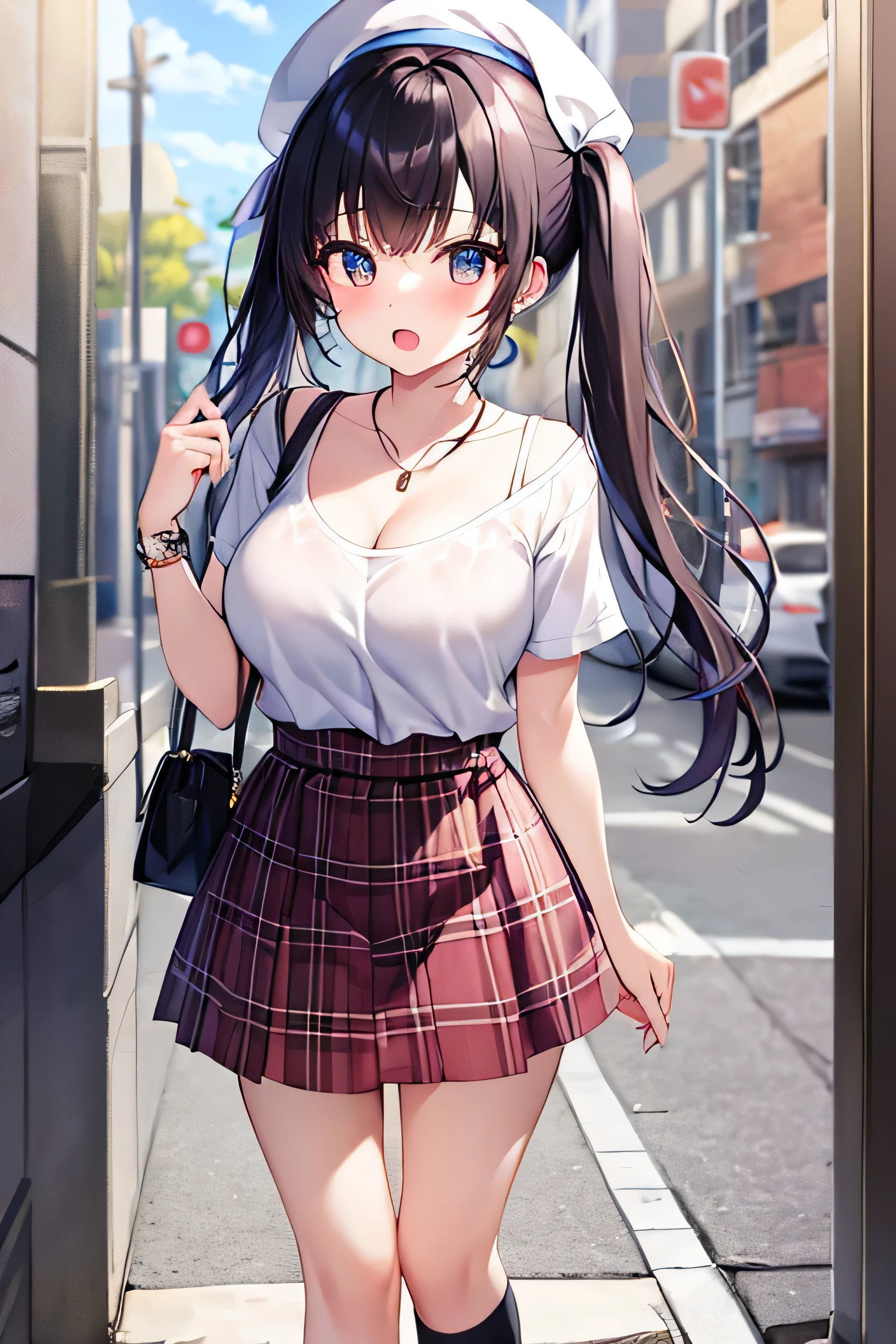 masterpiece、Highest image quality、ultra high resolution、girl with big tits、twin tail hairstyle、black hair、red face、mock、Open your mouth just a little、White T-shirt that shows cleavage、casual miniskirt、knee high socks、white beret for teenage 、city park、outdoors