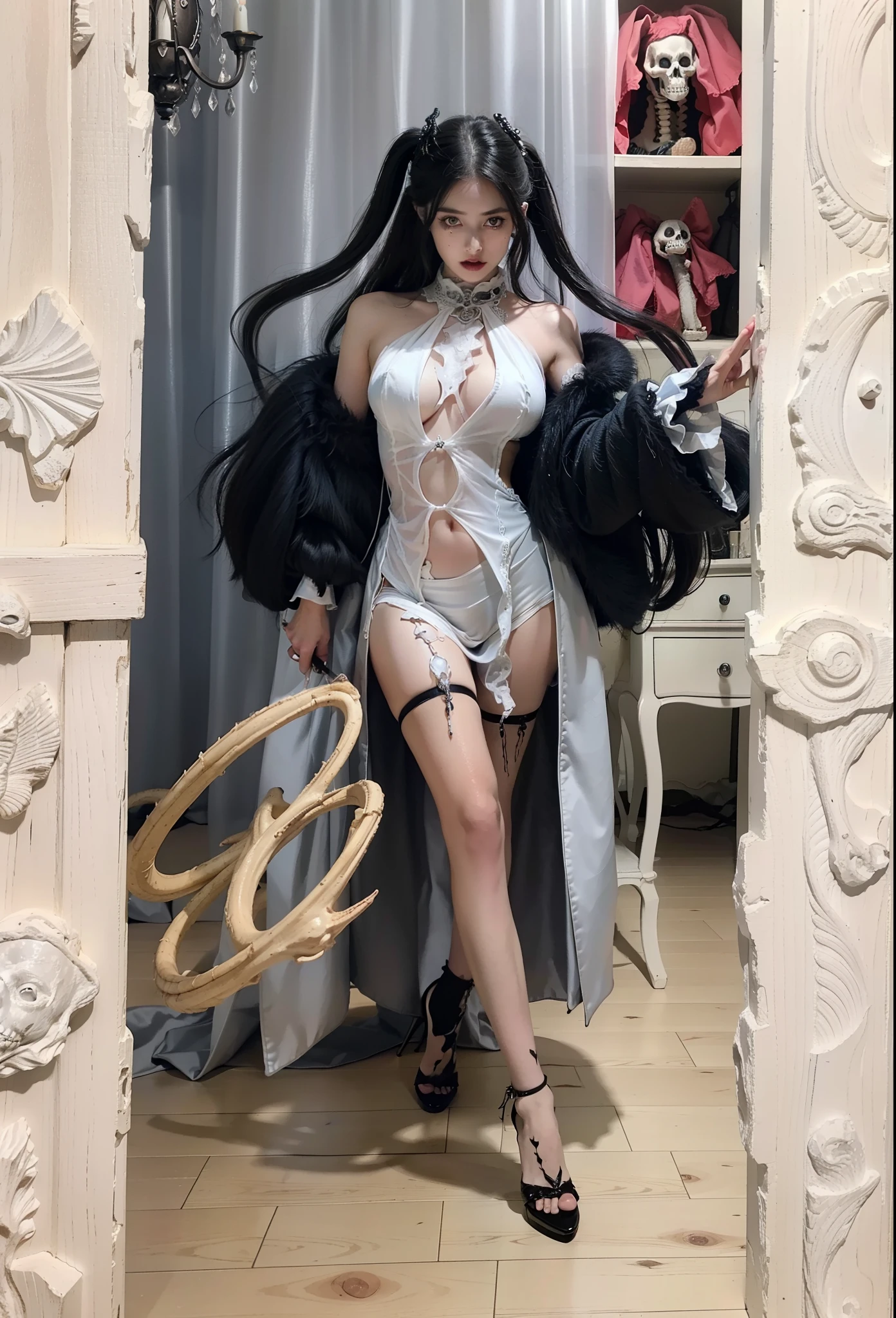 Detailed image quality,Pandora's box,wing, succubus theme,fallen angel,Excellent,scary,secret horror,tentacle,have eyes,uncanny valley effect,little beast blood moon,skeleton,vampire,Hellfire,dark queen,Abyss Armor,black high heels