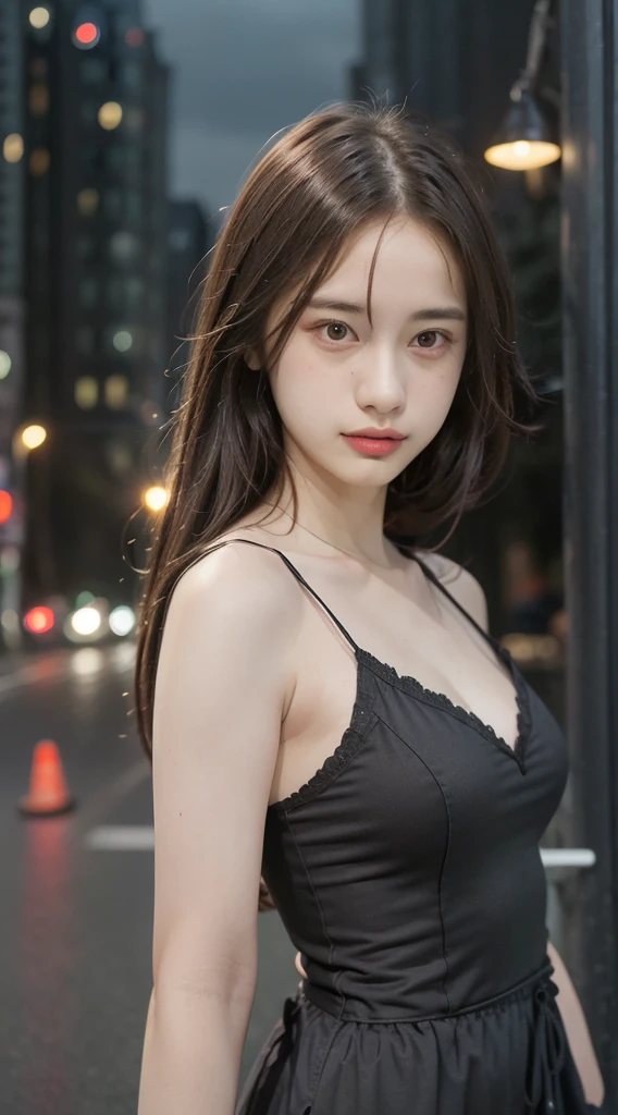 1 girl, tokyo road,nighttime, city scenery,city lights, upper body,close up, 8k, raw photos, best quality, Masterpiece,realistic, photo-realistic,