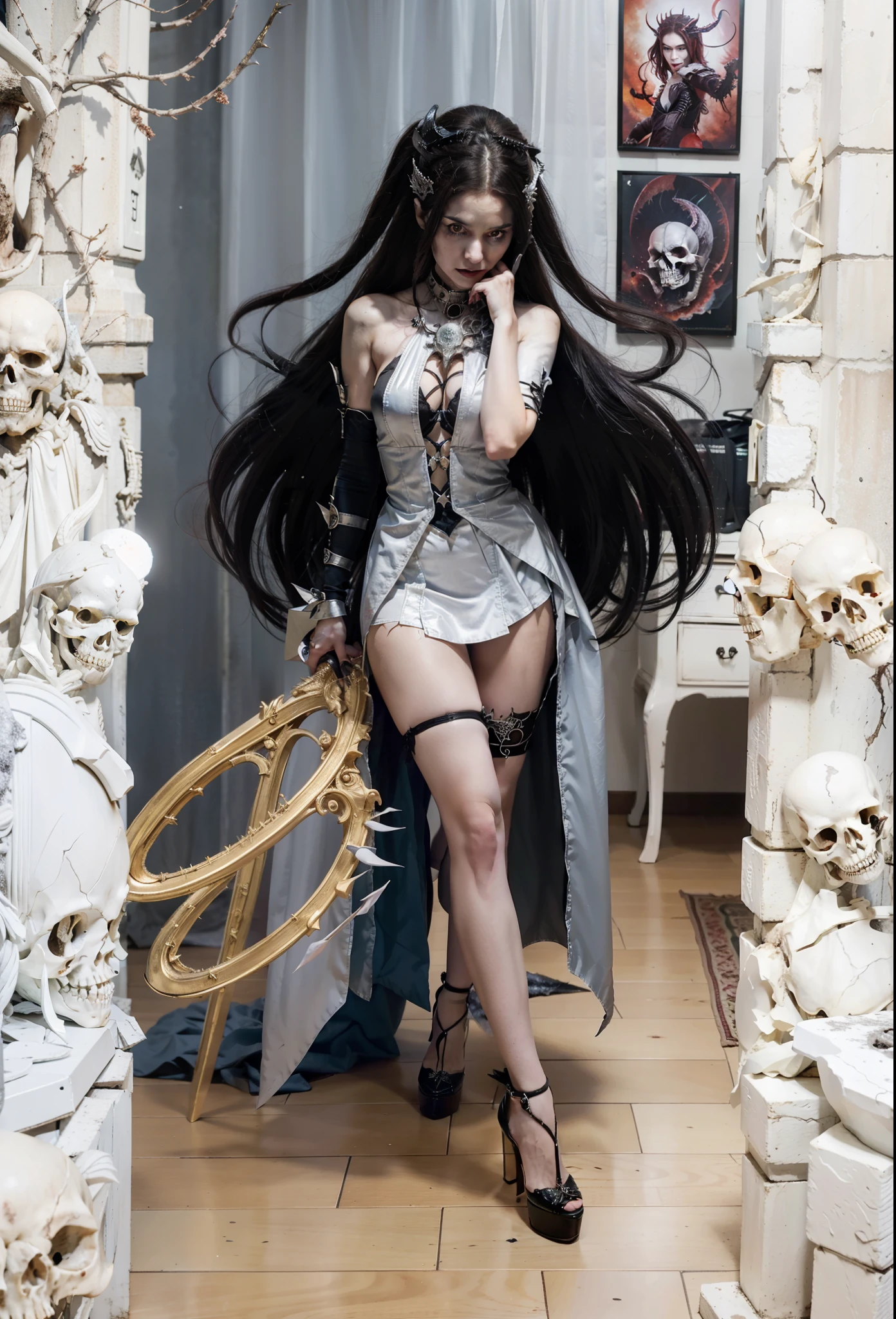 Cold Queen，Picture of box full of swords, wing, succubus theme，the fallen angel，Excellent，scary，secret terror，tentacle，have eyes，The Uncanny Valley effect，little beast blood moon，Skeleton skeleton，vampire，hell fire，Gold heels