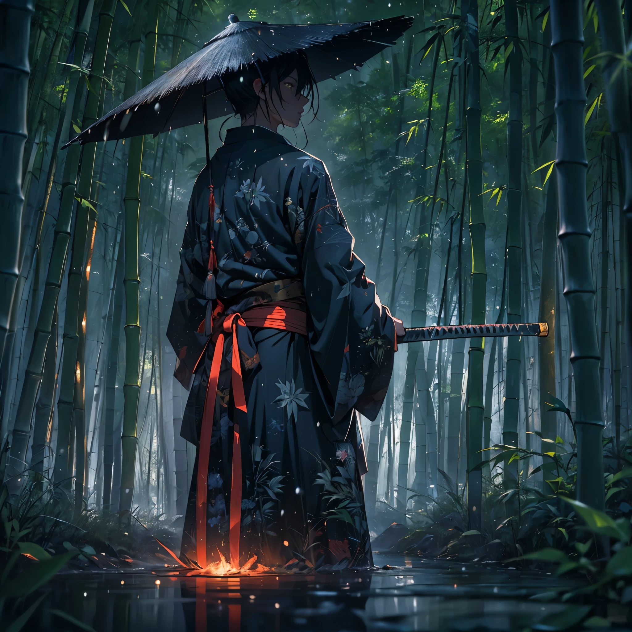 best quality, highres, ultra-detailed, realistic, HDR, moody, dark, bamboo hat, detailed raindrop effect, bamboo forest, moonlit night, black kimono with glowing red stripes, shining katana, epic scene