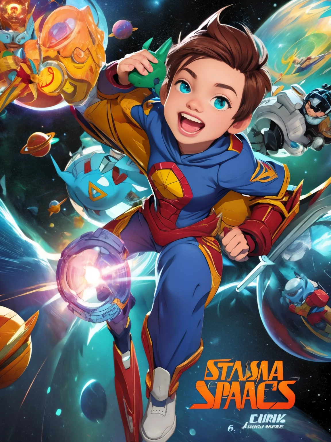 Cinematic cartoon style. arte em quadrinhos. Rosto TME0224, (((um , 4T))) on a funny night (((vestindo uma fantasia de Homem de Ferro))). (((Comic cosmic space witch stars background))). Cinematic lighting, sombra projetada, obra de arte, Ultra HD, anatomicamente correto, Pele Texturizada, Super detalhe, Detalhes altos, alta qualidade, melhor qualidade, 4k