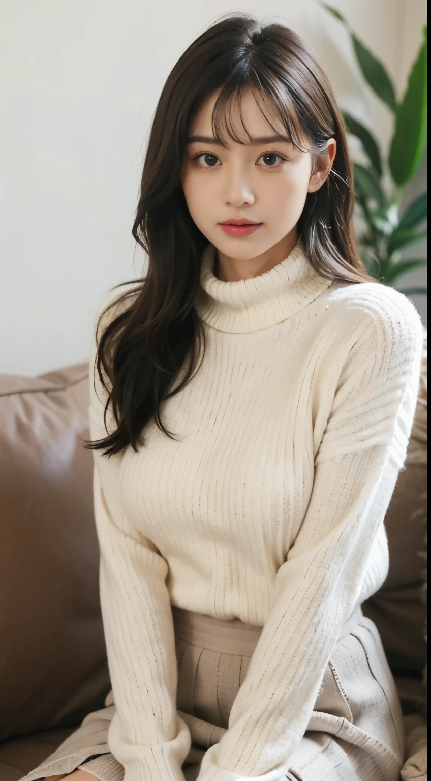 (8K, Photo RAW, best qualtiy, masterpiece:1.2), ultra-detailliert, hight resolution, (realist, photos realistic:1.37), high-definition RAW color photography, professional photograpy, depth of fields, Bokeh, realistic shadow, Caustics, Perfect illustration, photon maping, ((Night)), Cinematic lighting, SIGMA 85 mm F/1.4, ISO 200, 1/125 sec shutter, Extremely delicate and beautiful, ighly detailed, 8K Picture Wallpaper, The is amazing, finely detail, The file size is huge, offcial art, CG wallpapers with highly detailed 8K, production art, highly detailed beautiful girl, extra detailed face, extremely detailed eye, highlydetailed skin, extremely detailed fingers, highly detailed nose, highly detail mouth, Perfect Anatomy, highly detailed back ground, Highly detailed attire, highly intricate detA close-up image of an icy blue, angora-blend sweater with a draped cowl neck, showcasing the fabric's soft, fuzzy texture and luxurious appearance. The focus is on the sweater's cozy feel and elegant drape. Accompanying the sweater is a meil, 1girl Visualize a chic, lightweight blazer in a soft pastel pin, (20 years old:1.2), Cute , famous Japan idol, kawaii, (large full breasts:1.4), Realistic body, Chromo-white skin, glistning skin, Slim body, Good figure, A dark-haired, long and straight hair, (powerful bangs:1.2), They are smiling, Beautiful fece, kawaii faces, Lifelike face, Beautiful and accurate eyes, drooing eyes, beautiful tbig eyes, Large black eyes, Beautiful and clear eyes, (An image showcasing a luxurious, textured knit sweater in a subtle shade of beige, with a focus on the intricate knit patterns and the cozy, soft texture. The sweater is designed with a slight oversize fit for comfort, yet maintains a polished look. It is paired with a long, pleated skirt in a rich burgundy color, made of a smooth, flowing fabric that adds a touch of elegance and movement to the office style:1.5), Look at the viewer, ((long shot, selfie)),standing athletic pose, (cafe :1.5)
