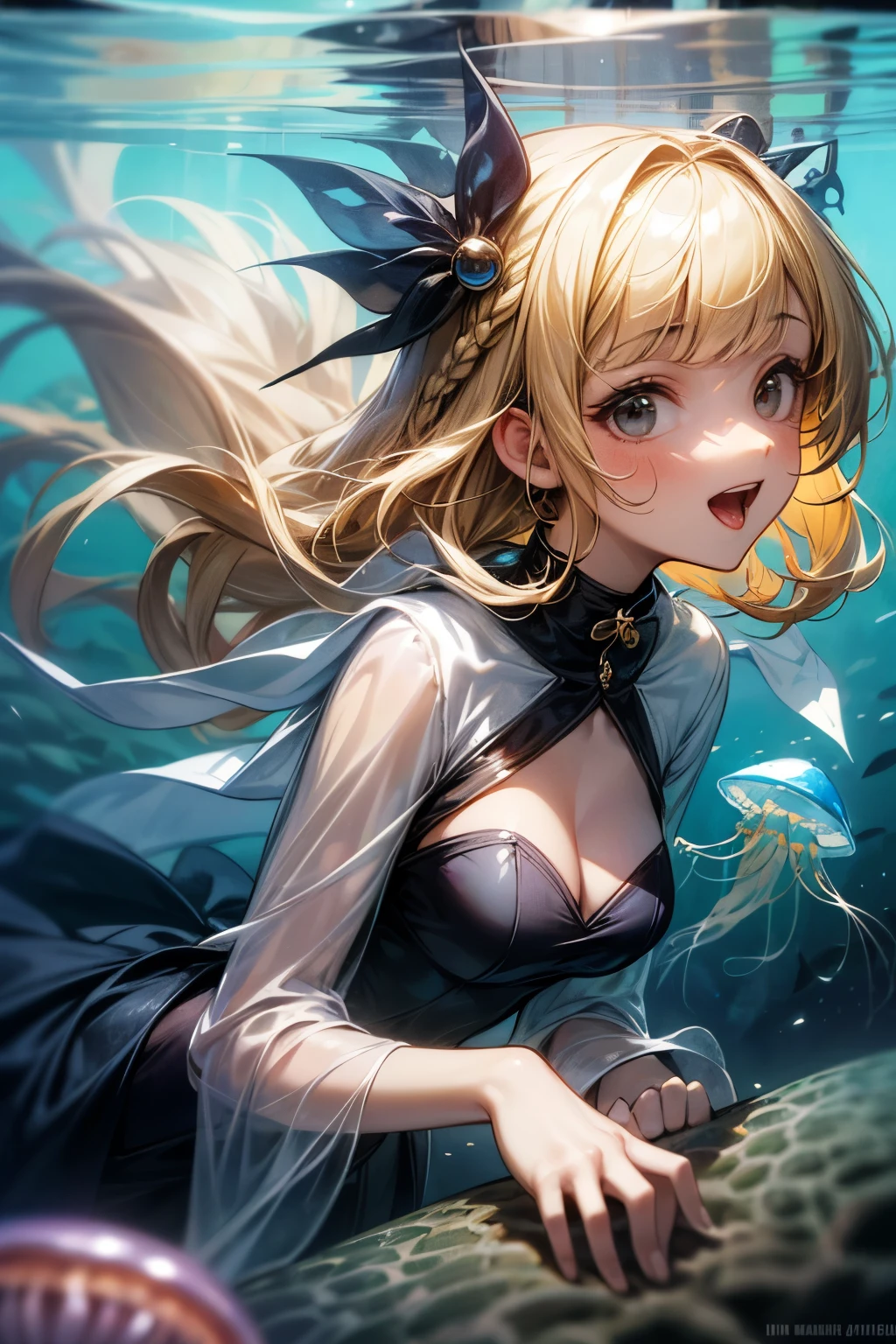 ((Masterpiece)), ((best quality)), (Professional Photography:1.2), (High Definition:1.3), (()), Castle in the Sea, (Tied wrists), (jellyfish costume:1.4), jellyfish girl, smile, open mouth, (cute posing), (blonde hair:1.3), medium hair, (soft braid:1.3), blunt bangs, hair scrunchie, black eyes, sparkling, (ultra detailed perfect piece:1.2), illustration, bottom of the ocean, (coral reef), (very fine 8K CG), in the sea,