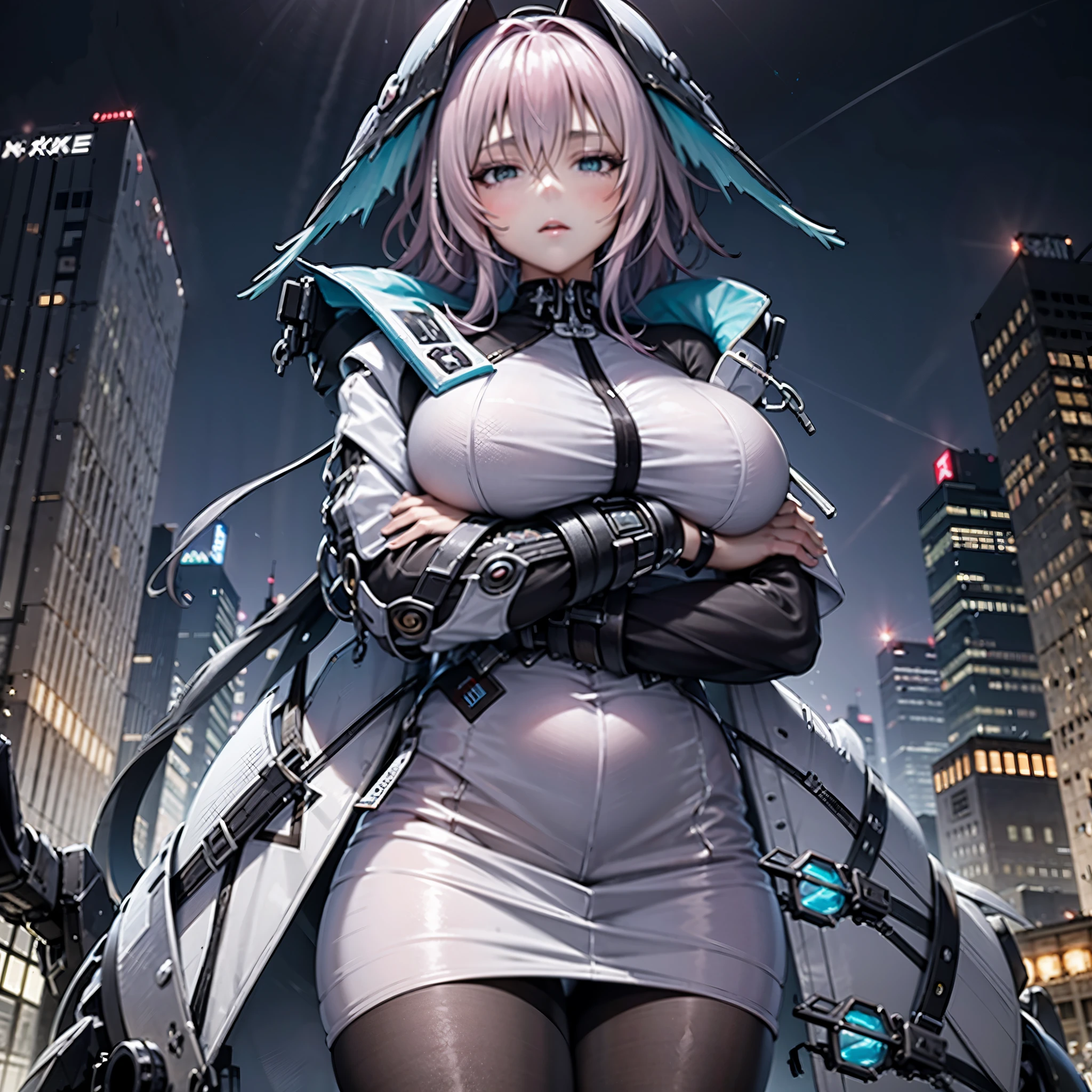 Chica anime con un vestido blanco con cabello rosa y una capa negra., mejor fondo de pantalla de anime 4k konachan, De Arknights, tendencia en artstation pixiv, biomechanical oppai, oppai ciberpunk, of frontline girls, chica anime cyberpunk mech, Kantai collection style, arte digital del anime cyberpunk, Guweiz en ArtStation Pixiv (PINK HAIR) 