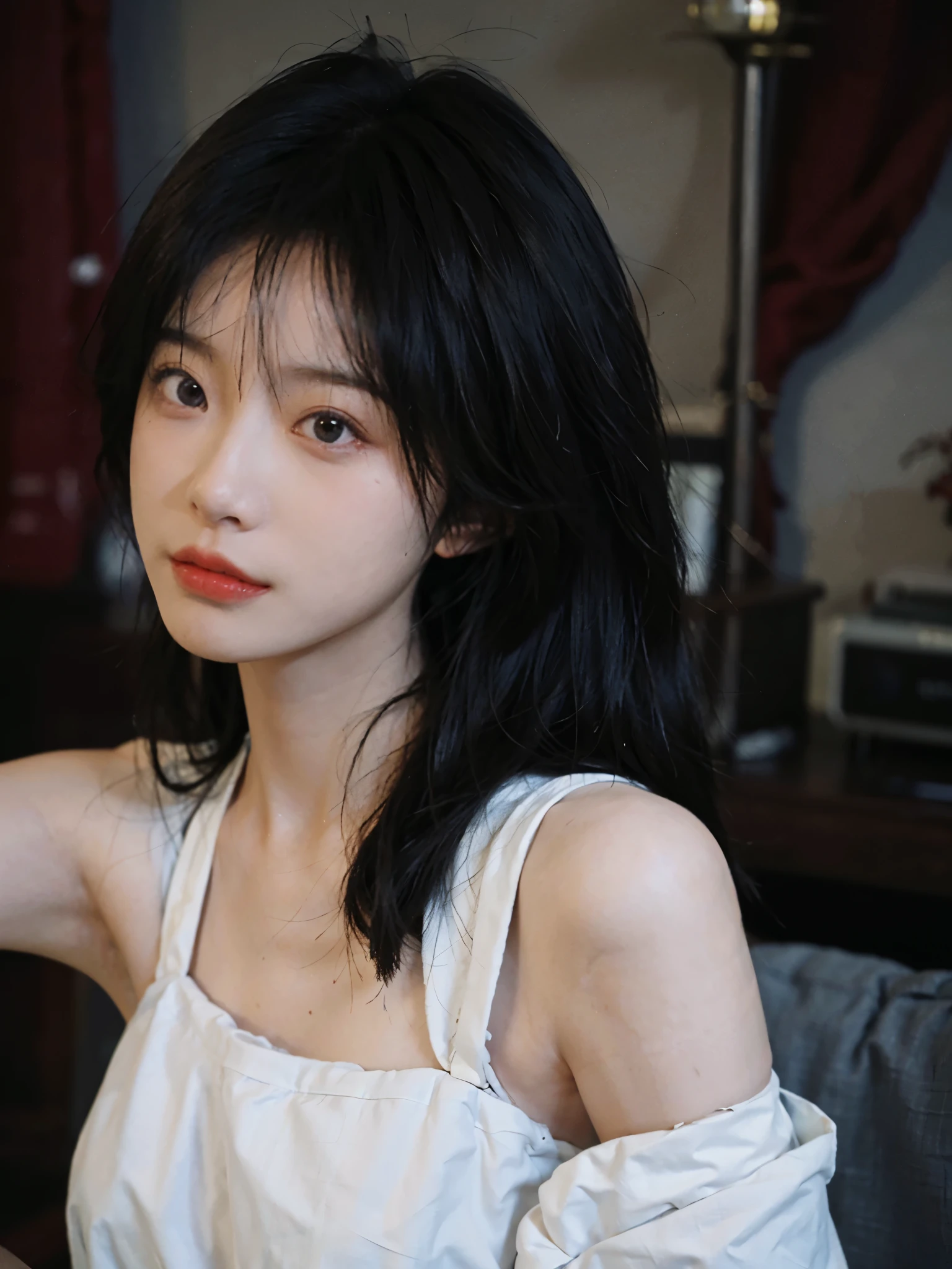 Film portrait photography, 2 girls, 2 girls,twin,bare shoulders, Shoulder length wavy hair, Snow-white cheongsam,(Realistic and detailed eyes, natural skin texture, Realistic facial details),, depth of field, Bokeh, Vibrant details, Detailed and detailed, Surrealism, 35mm film, hazy, ,Selfie,