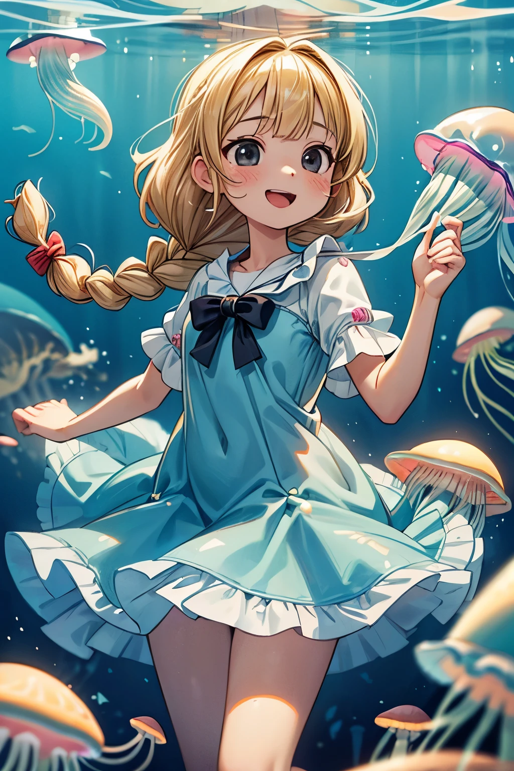 ((Masterpiece)), ((best quality)), (Professional Photography:1.2), (High Definition:1.3), ((12 years old)), Castle in the Sea, (Tied wrists), (jellyfish costume:1.4), jellyfish girl, smile, open mouth, (cute posing), (blonde hair:1.3), medium hair, (soft braid:1.3), blunt bangs, hair scrunchie, black eyes, sparkling, (ultra detailed perfect piece:1.2), illustration, bottom of the ocean, (coral reef), (very fine 8K CG), in the sea,