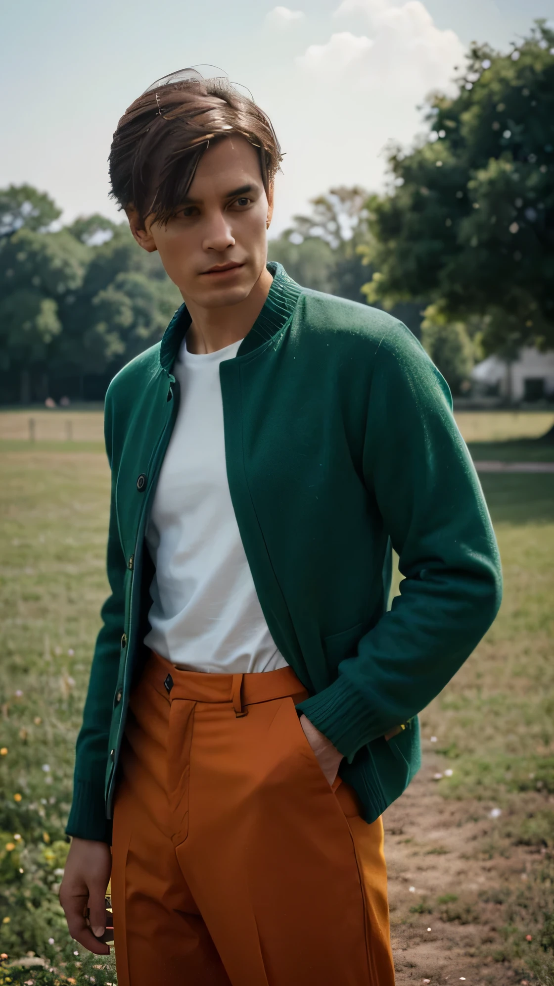 A 25-year-old masculine man stands tall, his posture is relaxed and natural. He is dressed in a chic dark green knitted jacket and bright orange trousers in the style of the 90s, Old money style, an extremely dynamic and unusual vintage look in the style of Miriam Duizendstra and George Hoyningen-Huene. Brush strokes dance across the sky, turning it into an unearthly realm where memories intertwine. Thanks to the skillfully made double exposure photography, the viewer is transported into a dream-like dimension of nostalgi