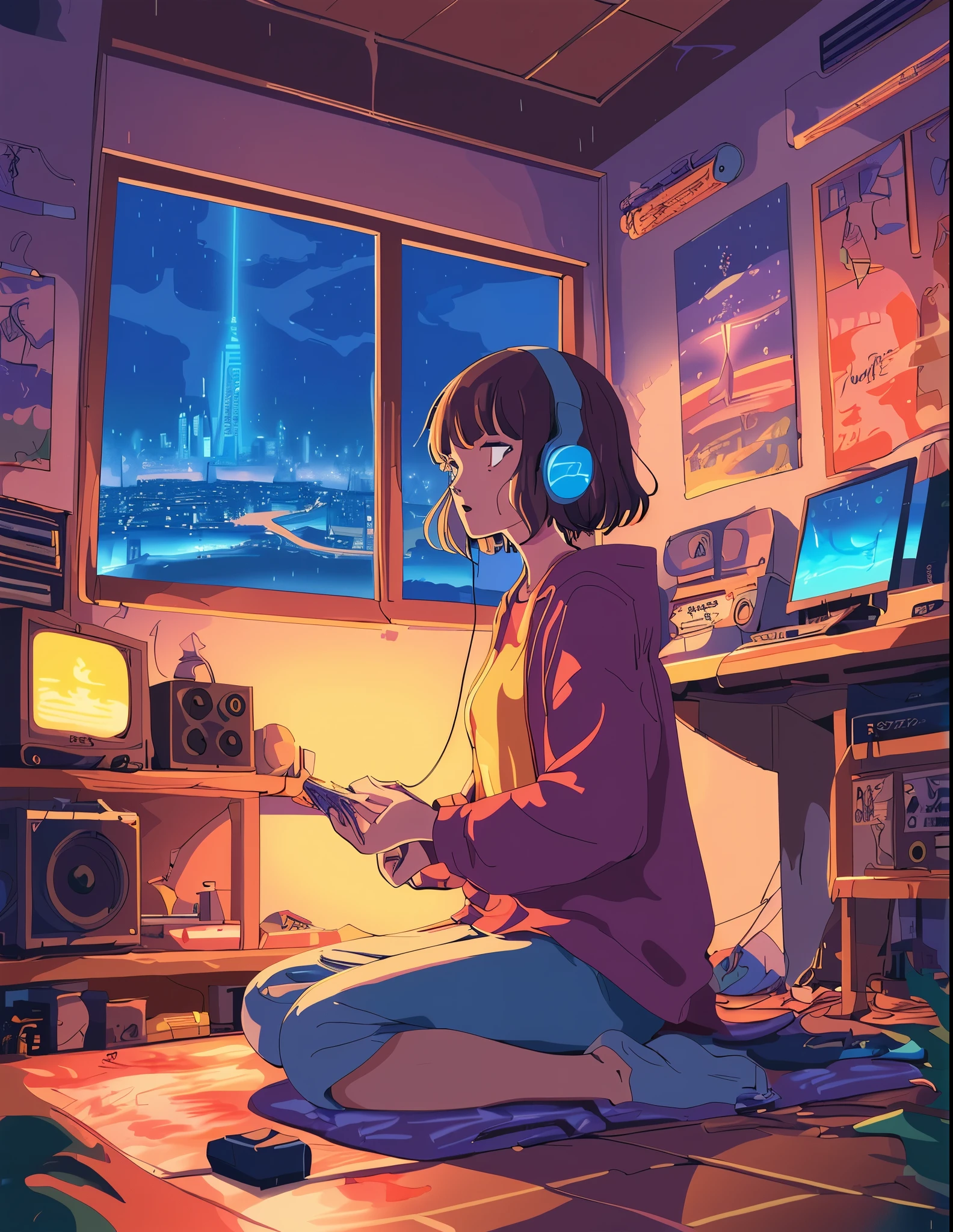 European Hippie Girl meditating in her room, dreaming, Wear headphones, night lights, Neon landscape on a rainy day, Analog Color Theme, Lo-Fi Hip Hop , retrospective, flat, 2.5D ,Draw a line, Ink Drawing, Large slope, Watercolor painting, Goosch Colors, Studio Ghibli Style, Awesome colorful, Outer Ton, krautrock, lofi art,  70s style,Old texture, amplitude,psychedelic vibe, masterpiece, Tremendous technology,