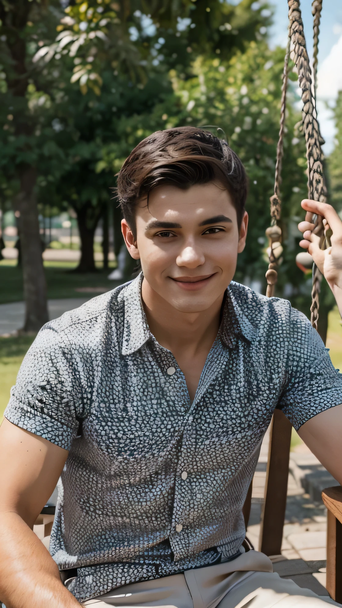 A photorealistic portrait of a 21-year-old man with short dark hair and striking dark eyes. He should have a very smiling and happy expression. He is dressed in a light, patterned shirt swinging on a swing. The background should be a panoramic setting, ecological park. Capture this image with a high-resolution photograph using an 85mm lens for a flattering perspective.