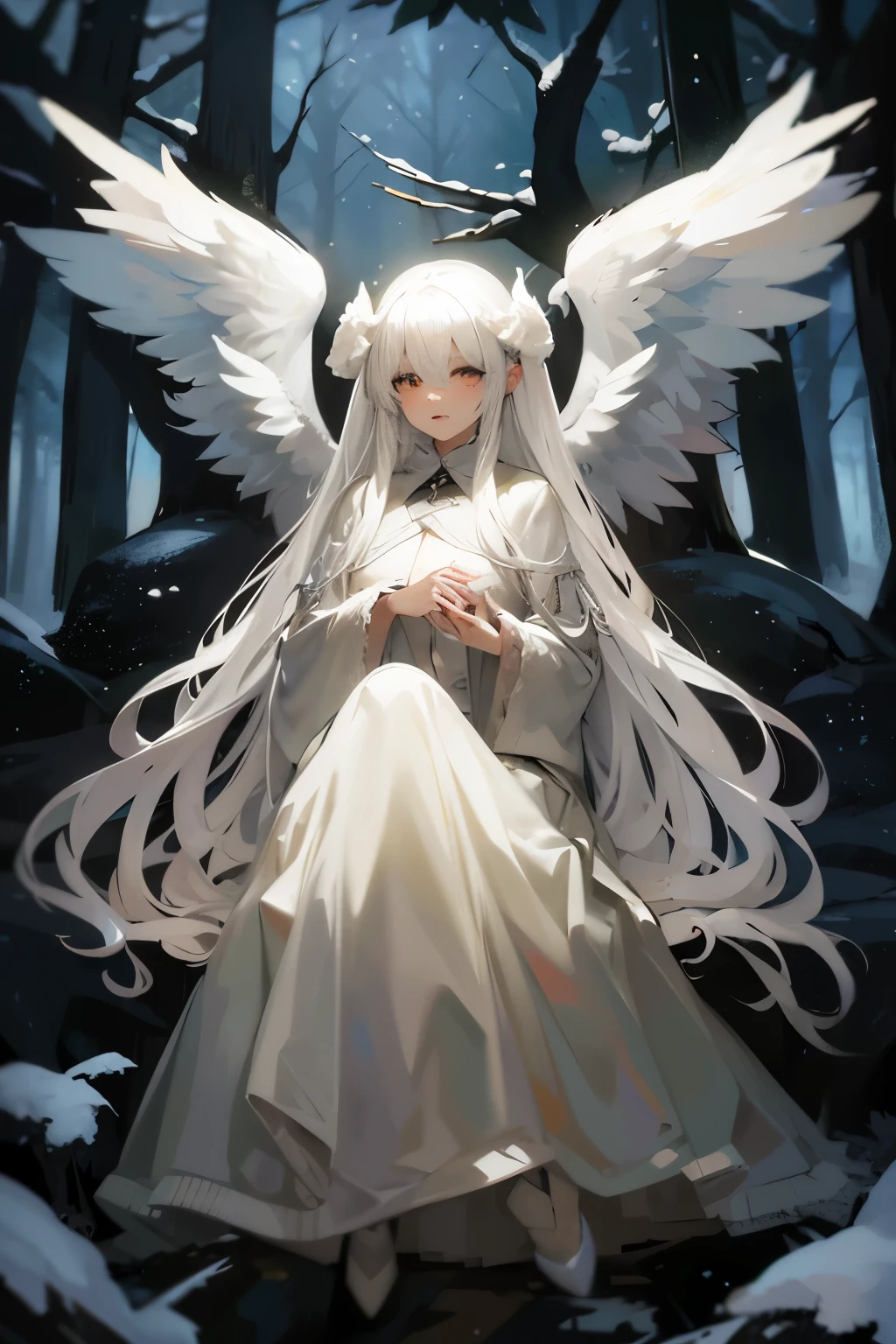 In a forest, snowy forest, snowing, wolfs, wolf beside het, white forest ,angel , albino angel, 