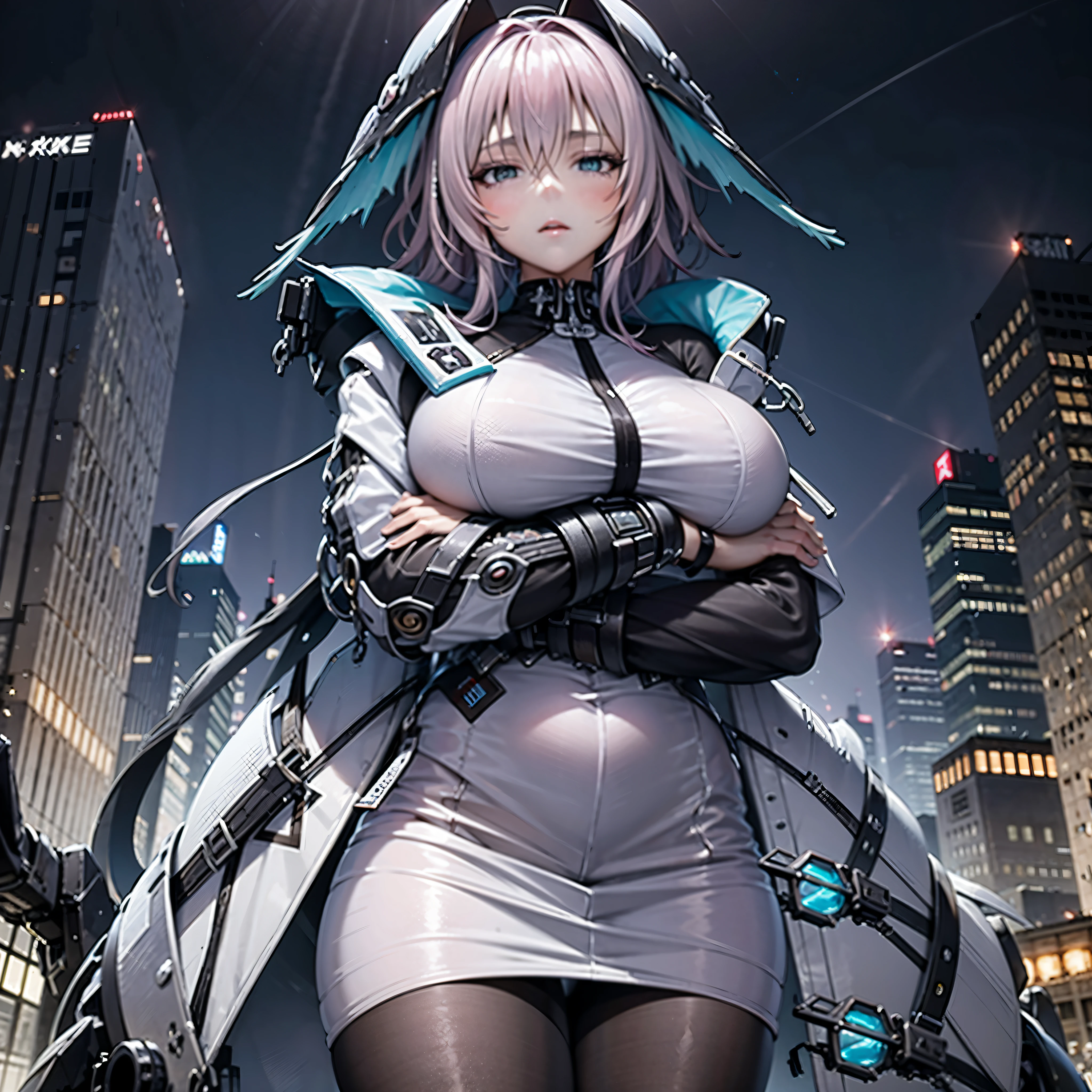 Chica anime con un vestido blanco con cabello rosa y una capa negra., Mejor fondo de pantalla de Anime 4K Konachan, de Arknights, tendencia en artstation pixiv, biomechanical oppai, oppai ciberpunk, of frontline girls, chica anime cyberpunk mech, Kantai collection style, arte digital del anime cyberpunk, Guweiz y Artstation Pixiv (cabello rosado) 