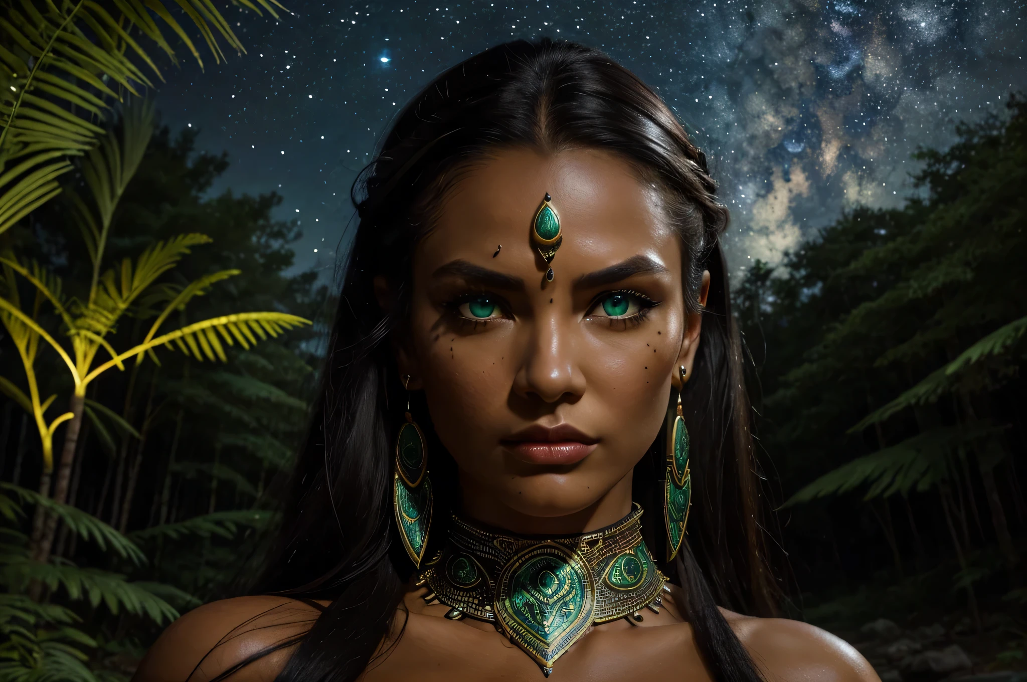 ((Realistic:1.5)), ((Best quality)), ((Masterpiece)), ((detailed)), (photorealism), (Exact proportions), (Ultra wide angle lens), (detailed face, beautiful green eyes, detailed pupils, clear background: 1,3), (close-up), (Indian appearance), a huntress in a primitive skirt with a spear sneaks in dense thickets, big curvy milky tits hidden by jewelry, wide steep hips, primitive massive jewelry, night, night sky, night forest, dense thickets hide the body, Night Jungle, best shadow, bright details, perfect composition, sharp focus, rim of light